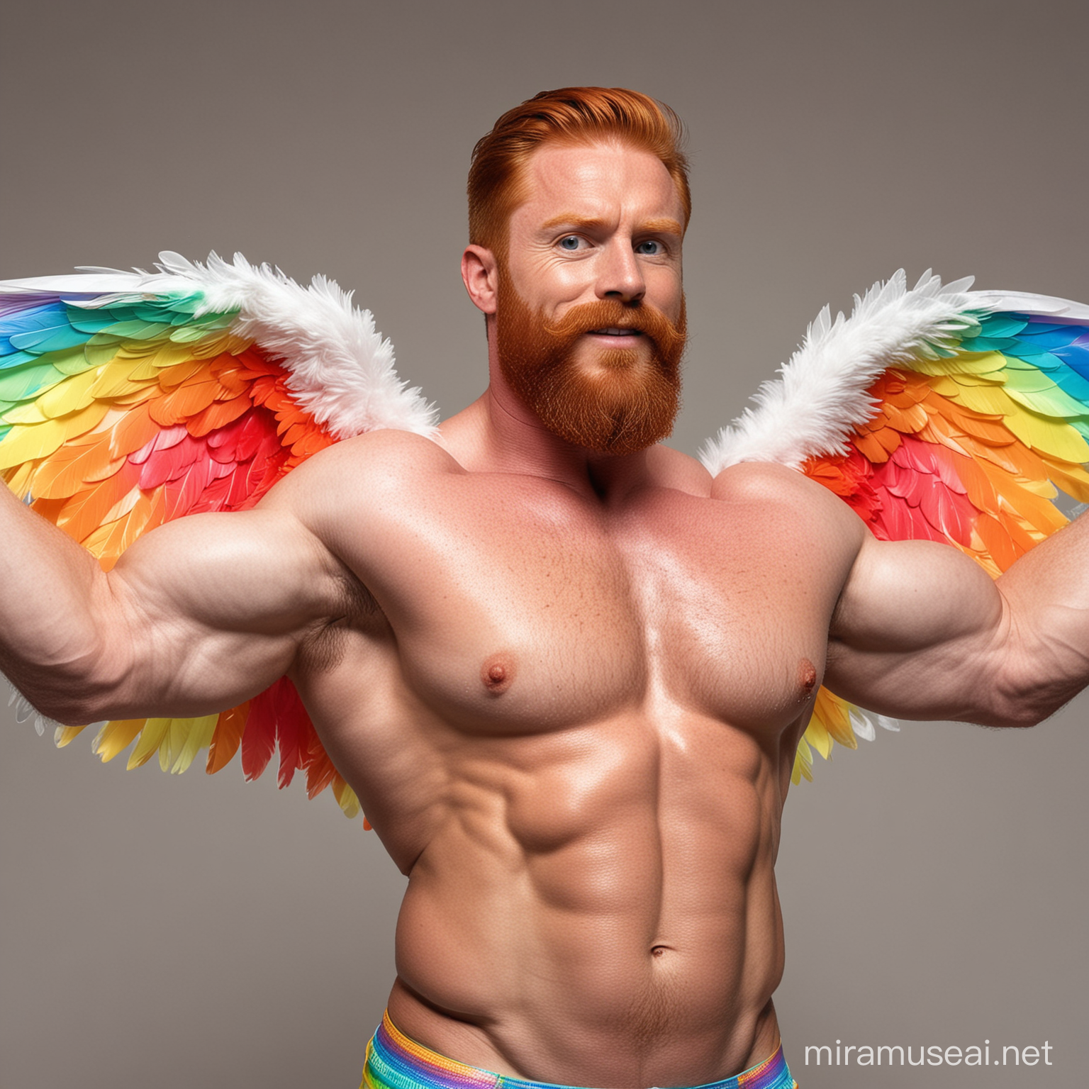 Topless 30s Ultra Beefy Redhead IFBB Bodybuilder Beard Daddy wearing Multi-Highlighter Bright Rainbow Coloured See Through Jacket with Eagle wings and Flexing Big Strong Arm with doraemon