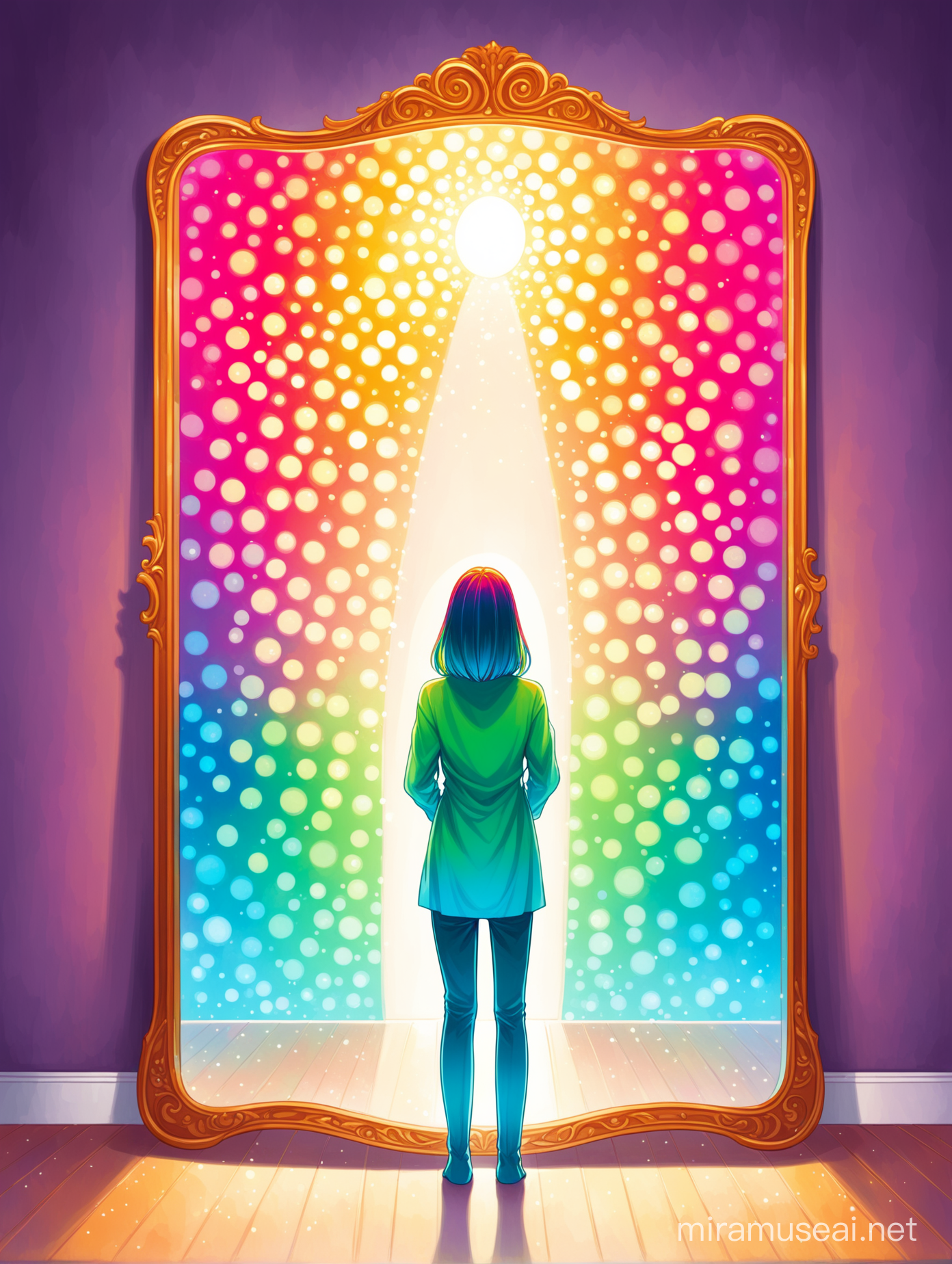 a person standing in front of a mirror, In the mirror, their opinions are depicted as vibrant colors emanating from their mind