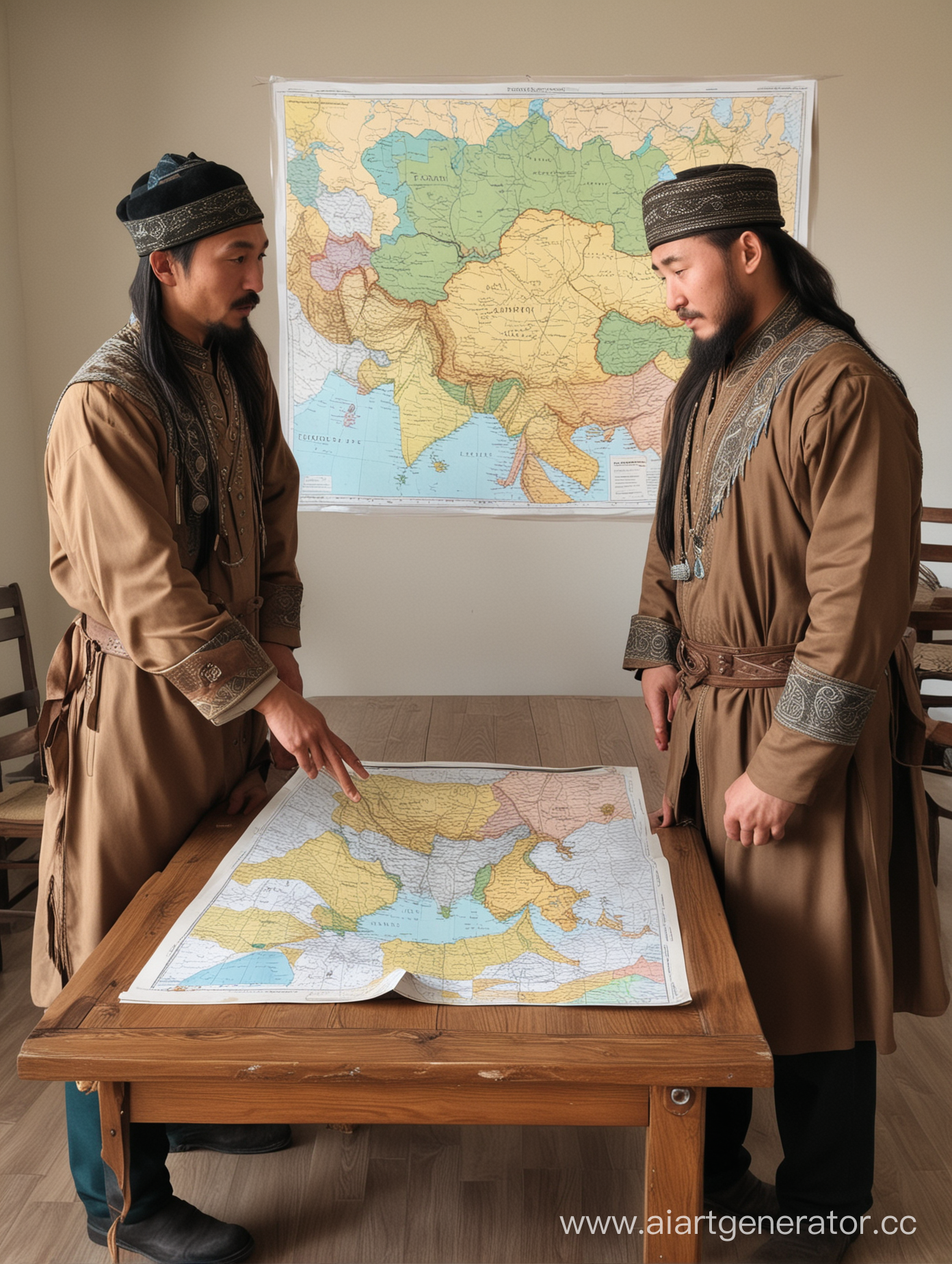 нарисуй мне казахских ханов которые стоят возле стола с картой  спорят о том как распределить территориальные земли