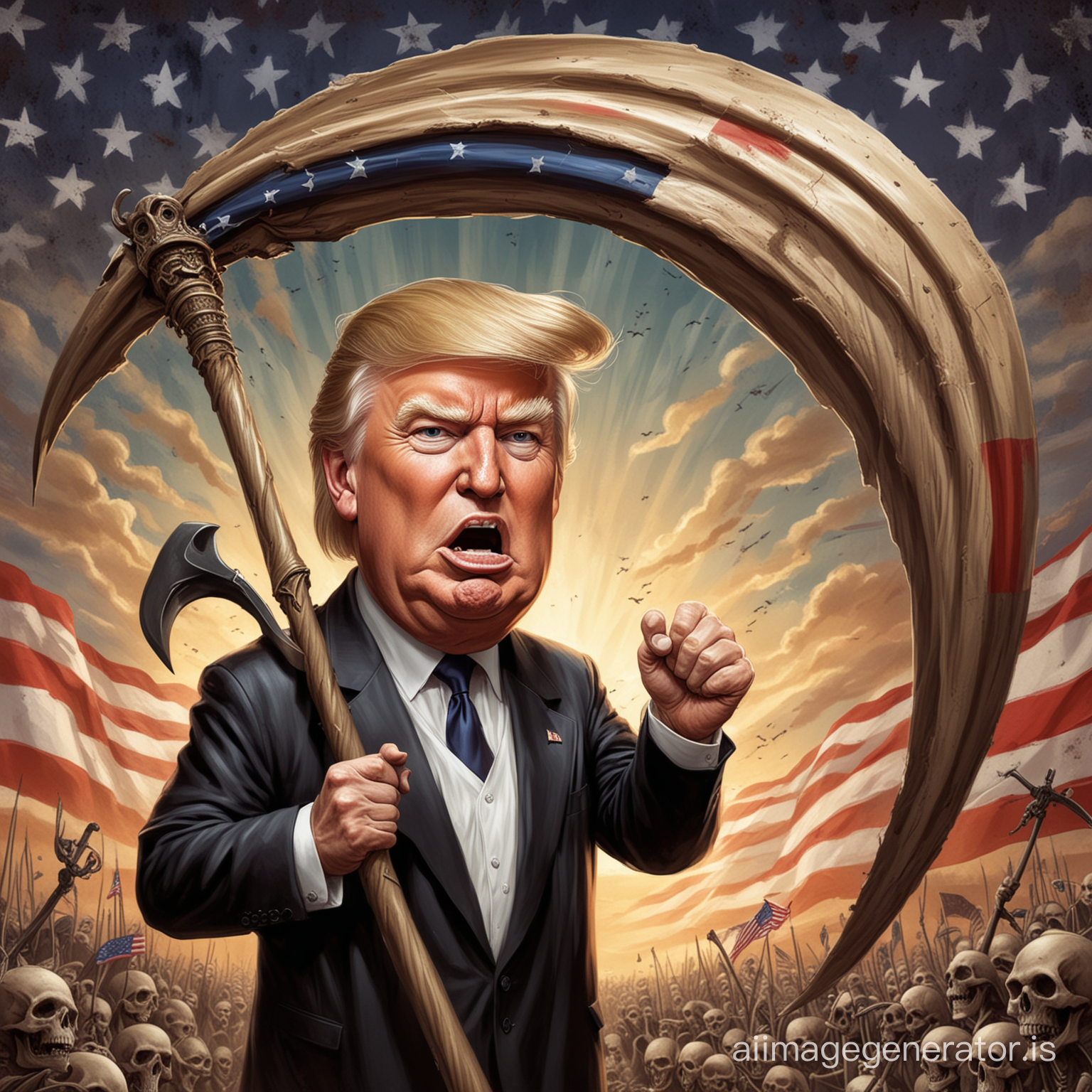 cartoon caricature of Donald Trump holding the grim reaper's scythe with a patriotic background
