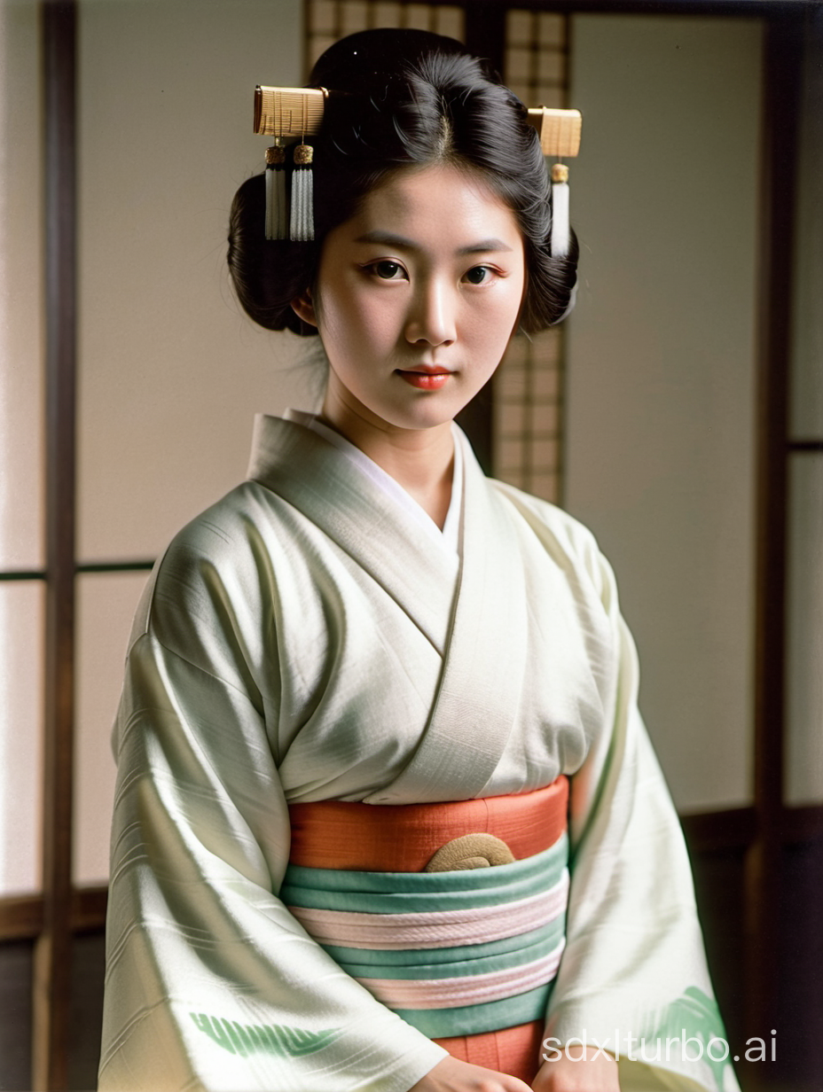 An old Colored history  head photo of a young Japanese woman wearing Heian period Purewhite  naked kimono Inner shirt and With only one hairpin on her head  in heian period.1928, Showa times