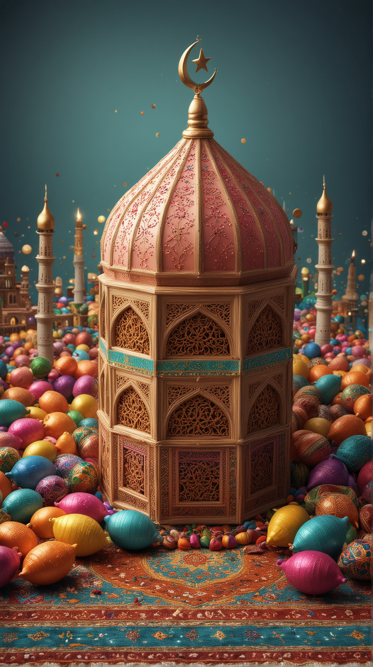 A vibrant celebration of Eid al-Fitr or Eid al-Adha, with colorful decorations, festive gatherings, and joyful expressions of faith, marking the culmination of Ramadan or the commemoration of Abraham's sacrifice, respectively. Hyper realistic