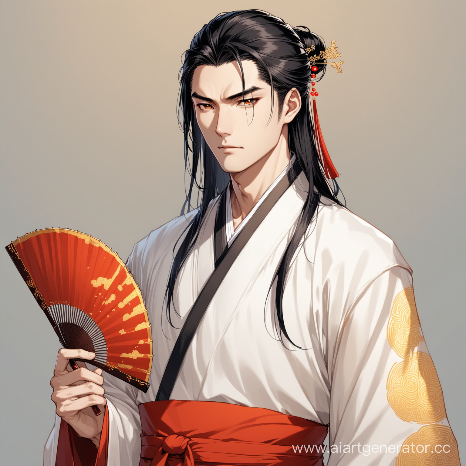 Ancient China, a man in white hanfu, hanfu with a golden pattern, he holds a wooden Chinese fan in his hand, he has a red dot on his forehead, he has a serious look, he has long black hair, he has a Chinese hairpin in his hair, Handsome man, fantasy