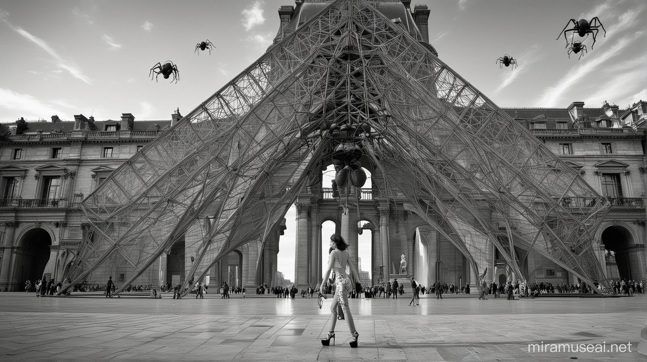 dans une vision proche du sol, en vue grand angulaire dans le style de jeanloup sieff, caméra en contre plongée, une trés belle femme brésilienne en pantalon pattes d'éléphant et sandales compensées à talons haut promène ses deux araignées géante devant le musée du louvre à PARIS