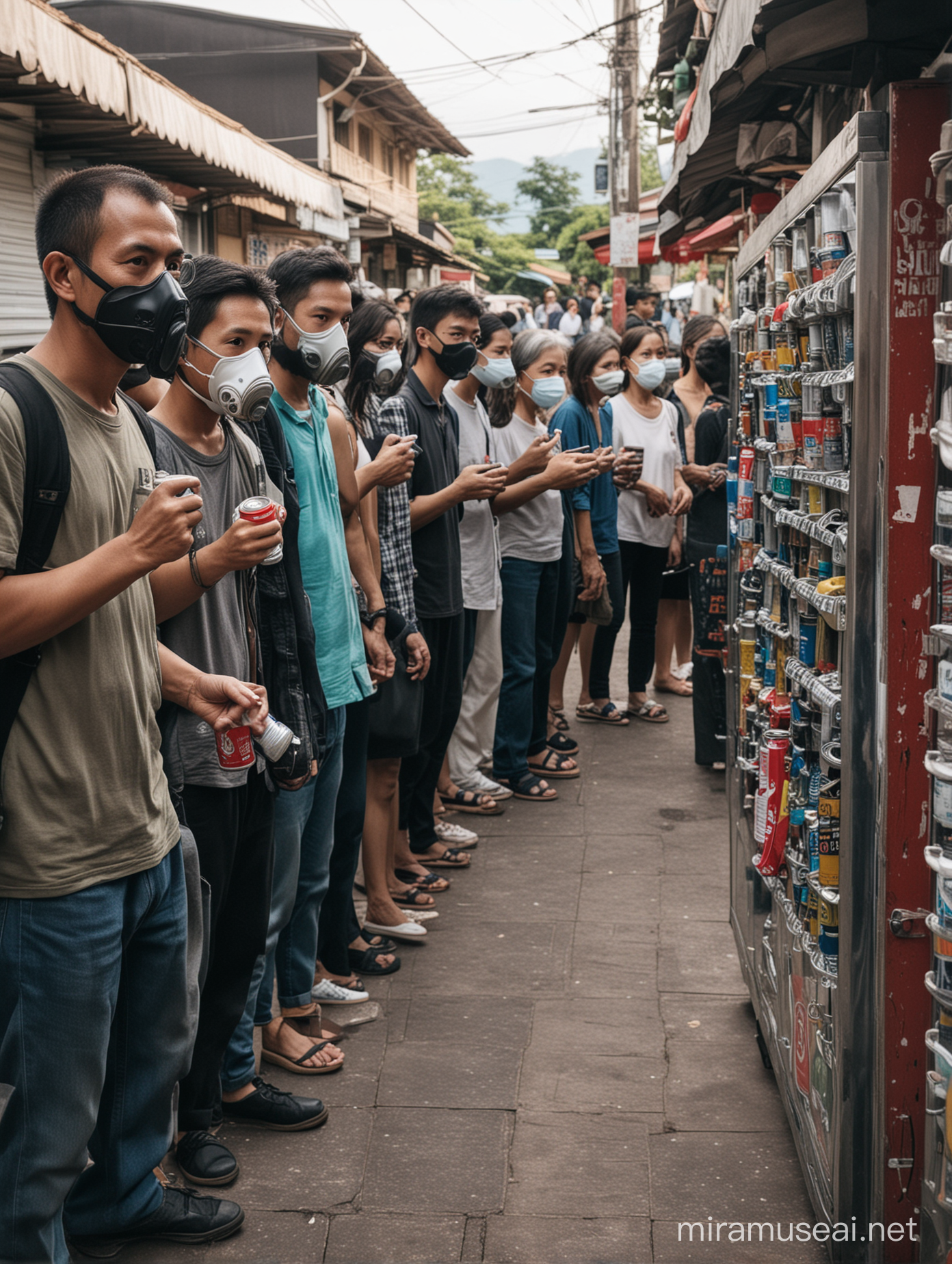 People, young and old, wearing gas masks, standing in line, buying cans of oxygen from a vending machine, in Chiang Mai, Thailand,