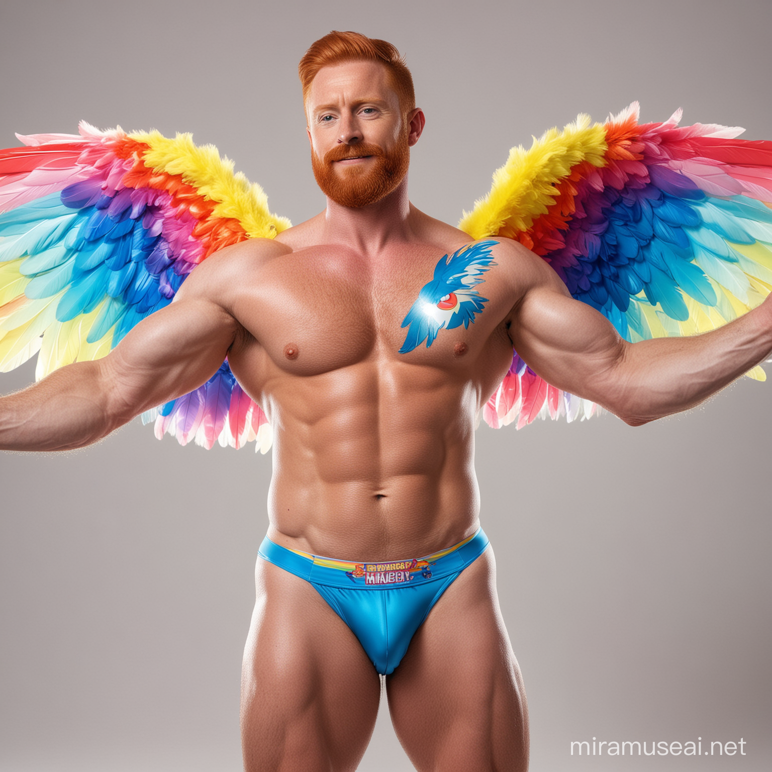 Muscular Redhead Bodybuilder Flexing in Vibrant Rainbow Jacket with Eagle Wings and Doraemon