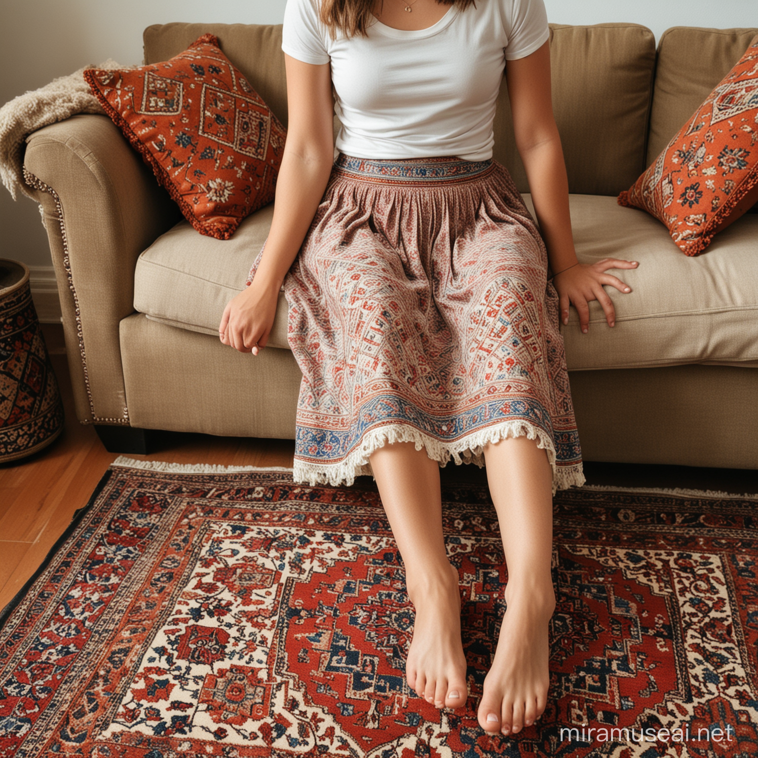A girl wearing a skirt and sitting on a sofa with a Persian rug under her feet