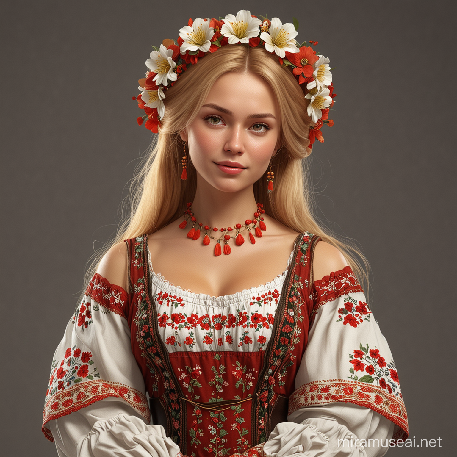 Russian woman in folk costume with russet loose blond hair, in which flowers are woven. She is very embarrassed, her cheeks are red, she looks away. She looks sexy.We see her in full height, with arms and legs.In the style of realism, 3D animation.