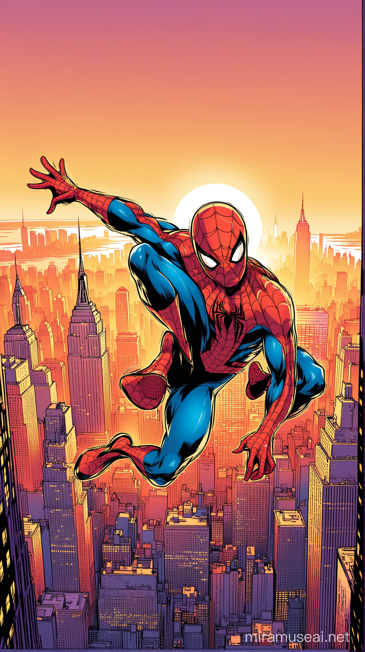 SpiderMan Swinging through New York City Skyline