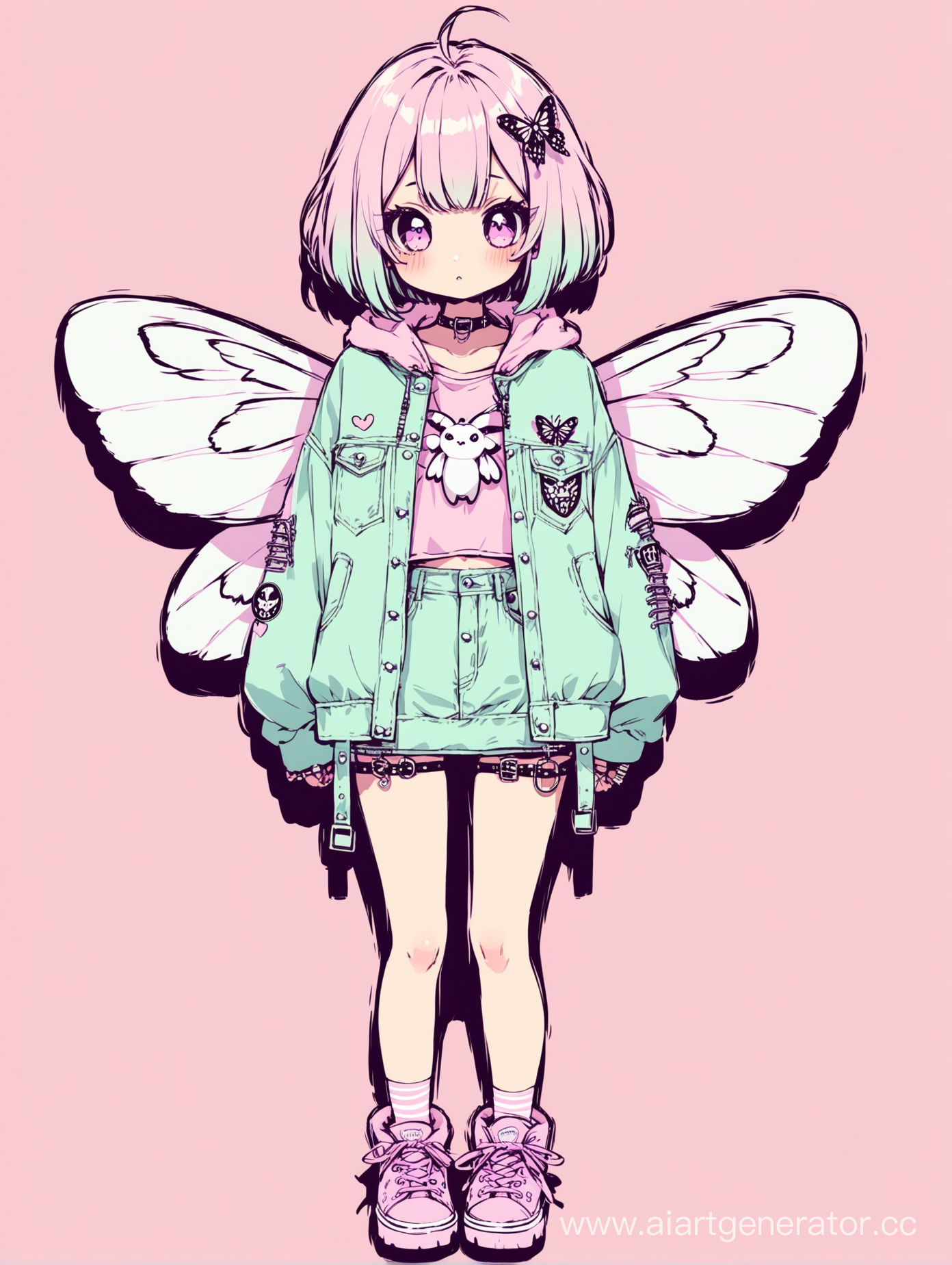 moth girl, short hair, pastel colors, punk and grunge style clothes, cute, cheeky, plush toys, full-length character