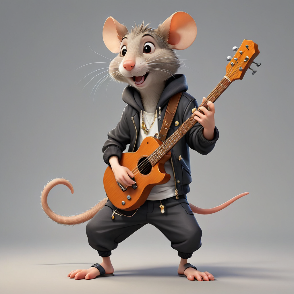 a funny rat in cartoon style in full body with Musician clothes with clear background