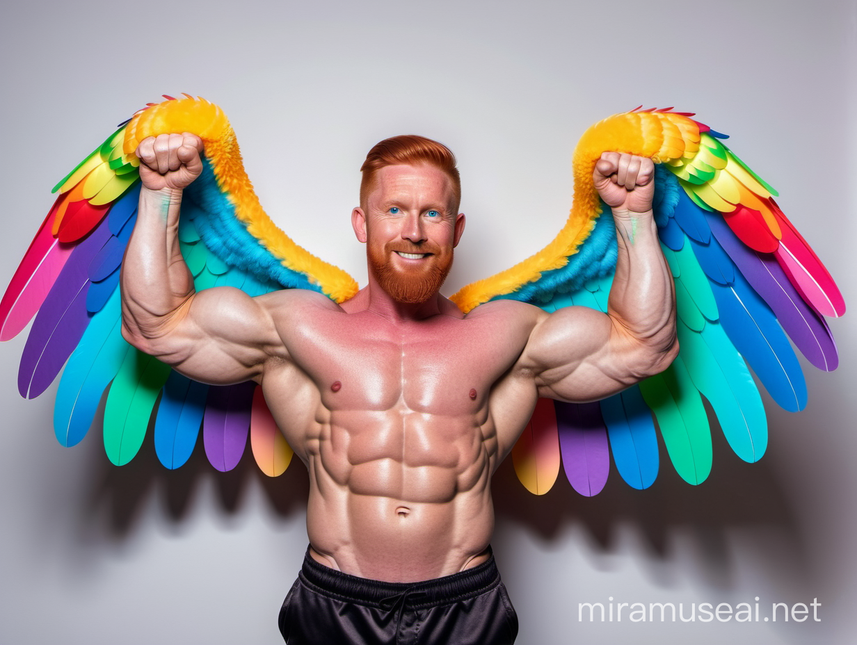 Topless 30s Ultra Thick Beefy Redhead IFBB Bodybuilder Beard Daddy wearing Multi-Highlighter Bright Rainbow Coloured See Through Jacket with Eagle wings and Flexing Big Strong Arm with doraemon