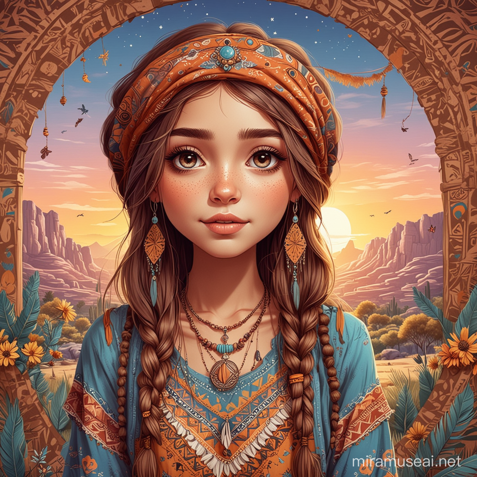 a boho girl in cartoon style with a nice background