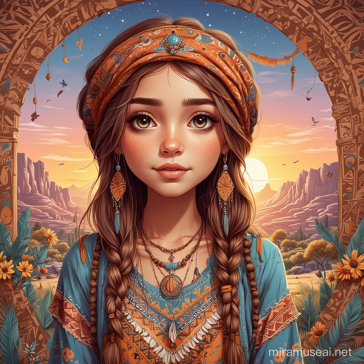 Boho Girl Cartoon Style Illustration with Vibrant Background