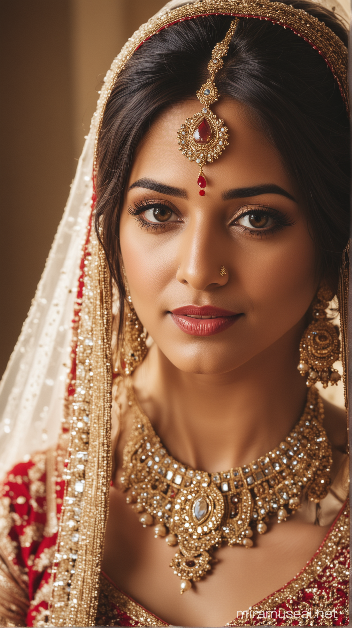 Traditional Indian Bride Wearing Vibrant Sari and Ornate Jewelry