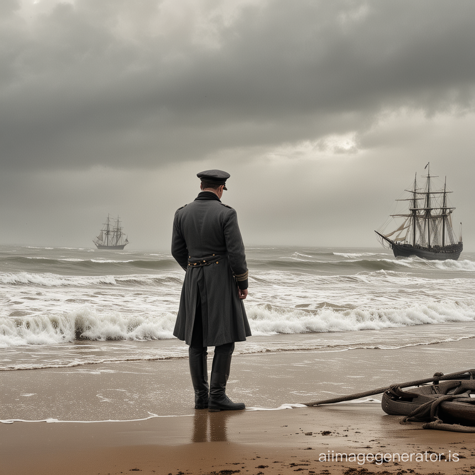 19th century  Sailors Lament, standing on a beach, ship in background, rolling grey mists across the sea