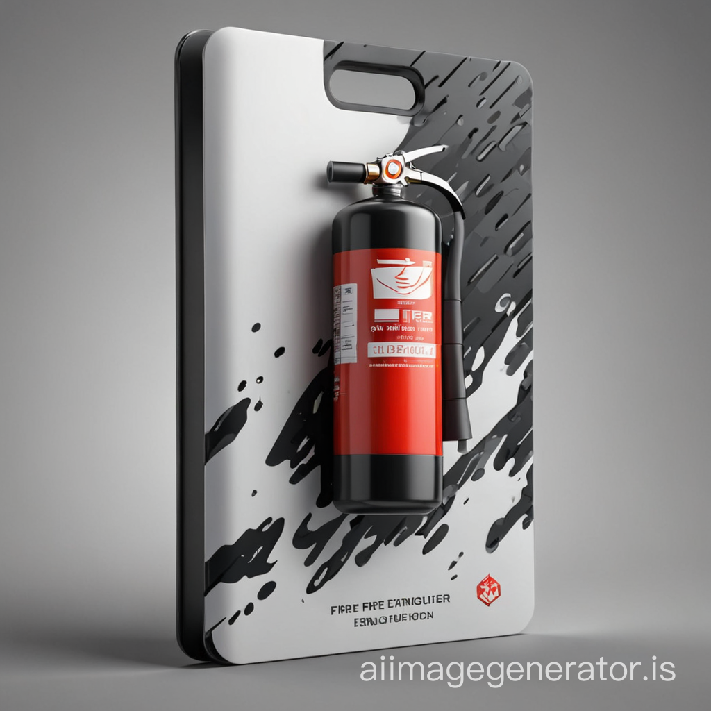 futuristic FIRE EXTINGUISHER logo in Vertical ID card in black and white camouflage style 3D. without background, high quality, 4k, realistic,