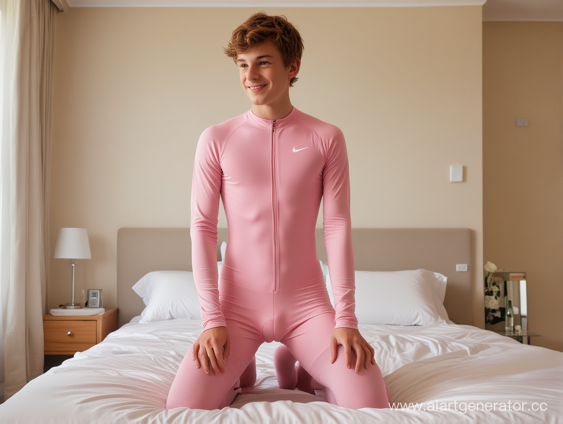  un garçon anglais de 19 ans nu,  aux cheveux chatains,  souriant, portant un unitard de cyclisme rose et des longues chaussettes nike blanches , a genoux sur un lit  dans une chambre d'hotel, vue de coté