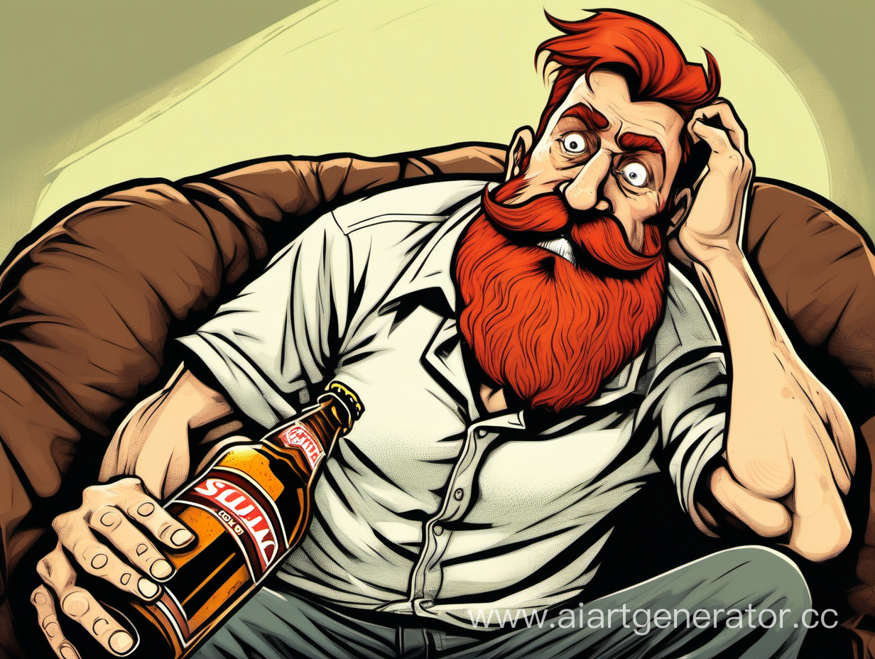 брутальный мужчина, рыжие волосы, огромные усы, большой нос, косоглазие, сидит на диване, в руках бутылка из под пива, карие глаза, толстый, сигма, потный