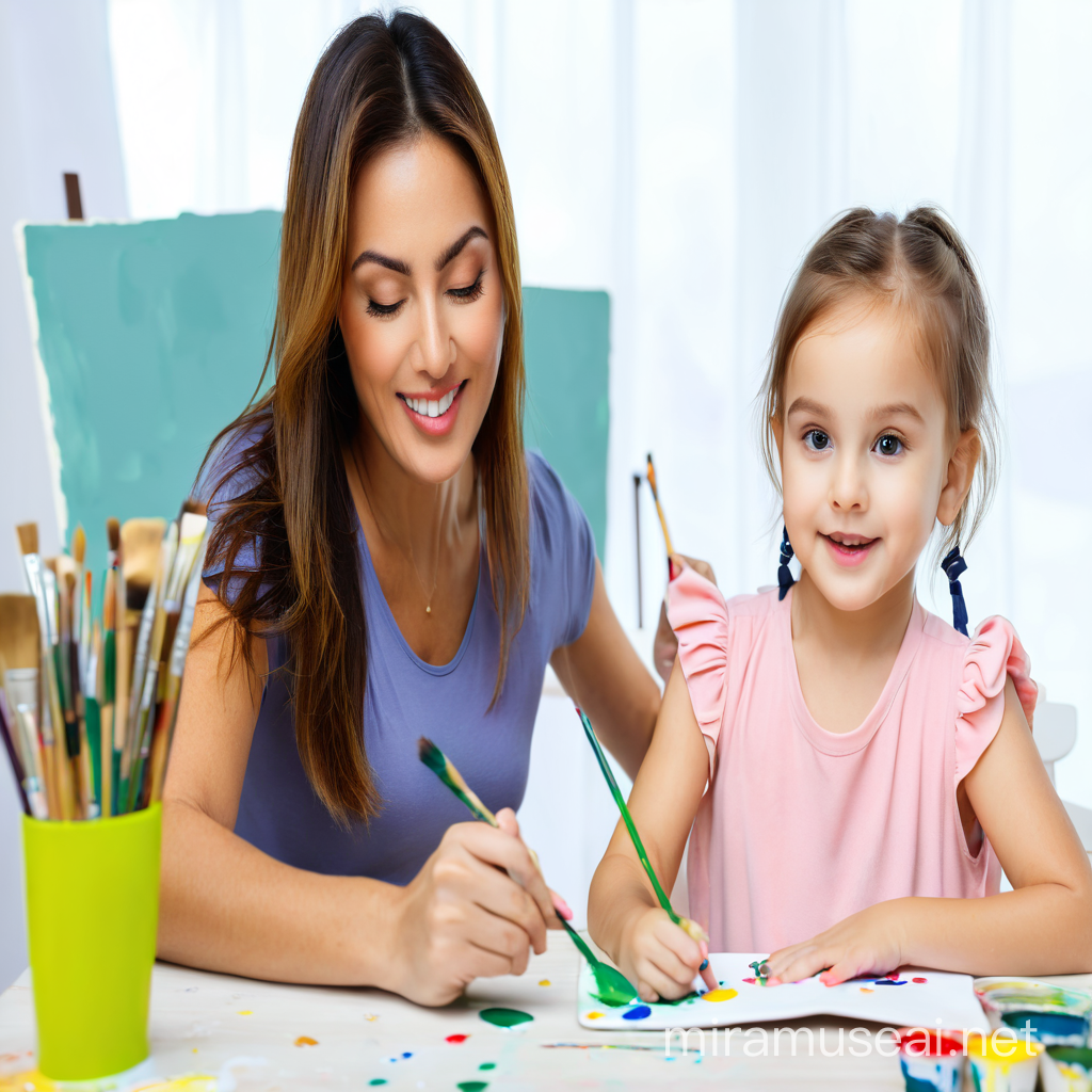 мама и девочка за столом рисуют красками
