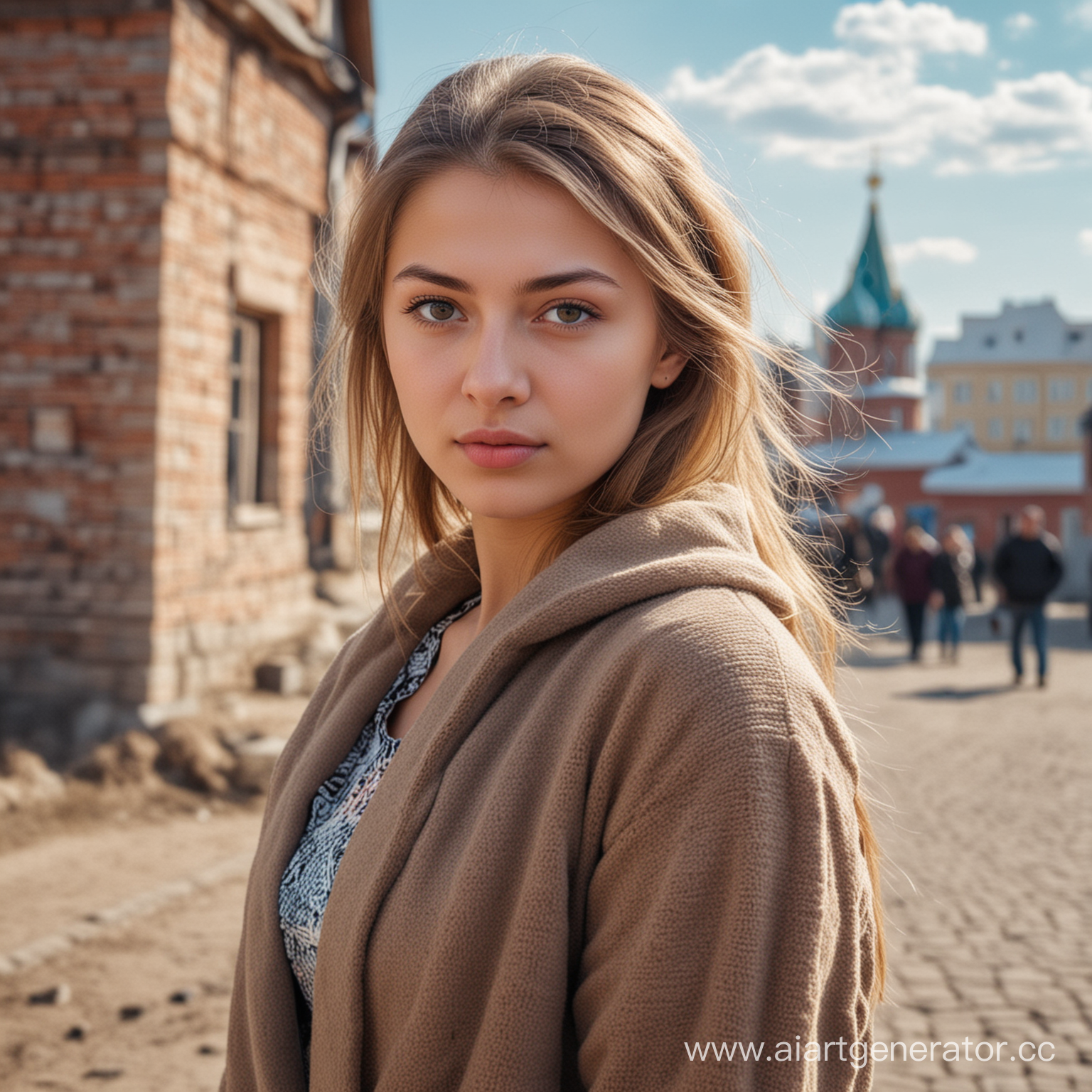 Русская девушка на фоне хрущёвок 