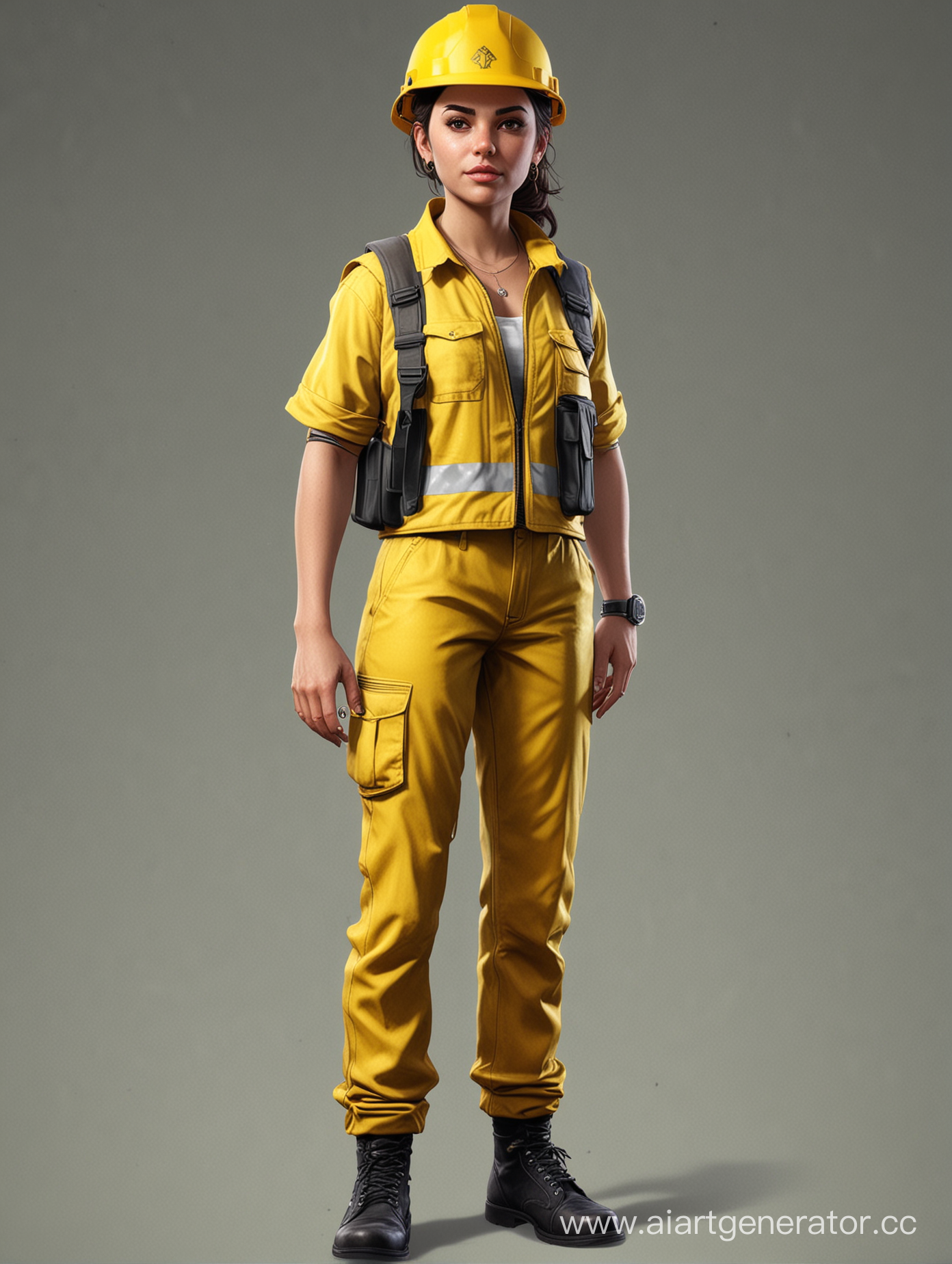 нарисуй персонажа в стиле гта 5 онлайн, в жёлтом строительном жилете и желтой каске. В полный рост, больше деталей