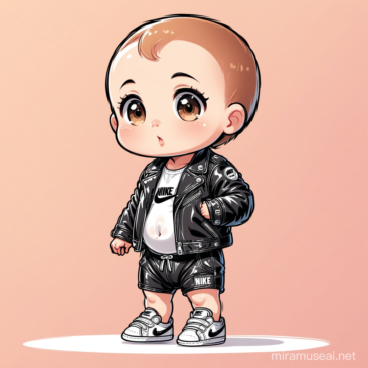 Adorable Cartoon Baby in Leather Jacket and Sneakers