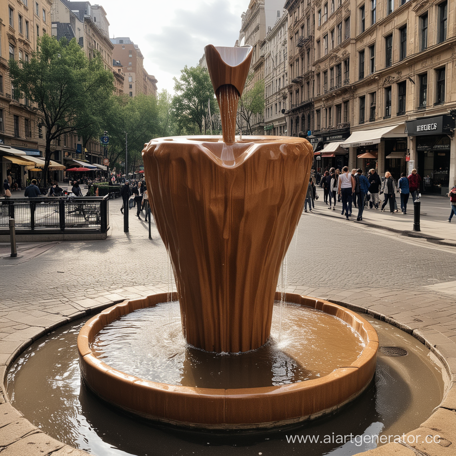 фонтан в виде стакана с кофе по среди города