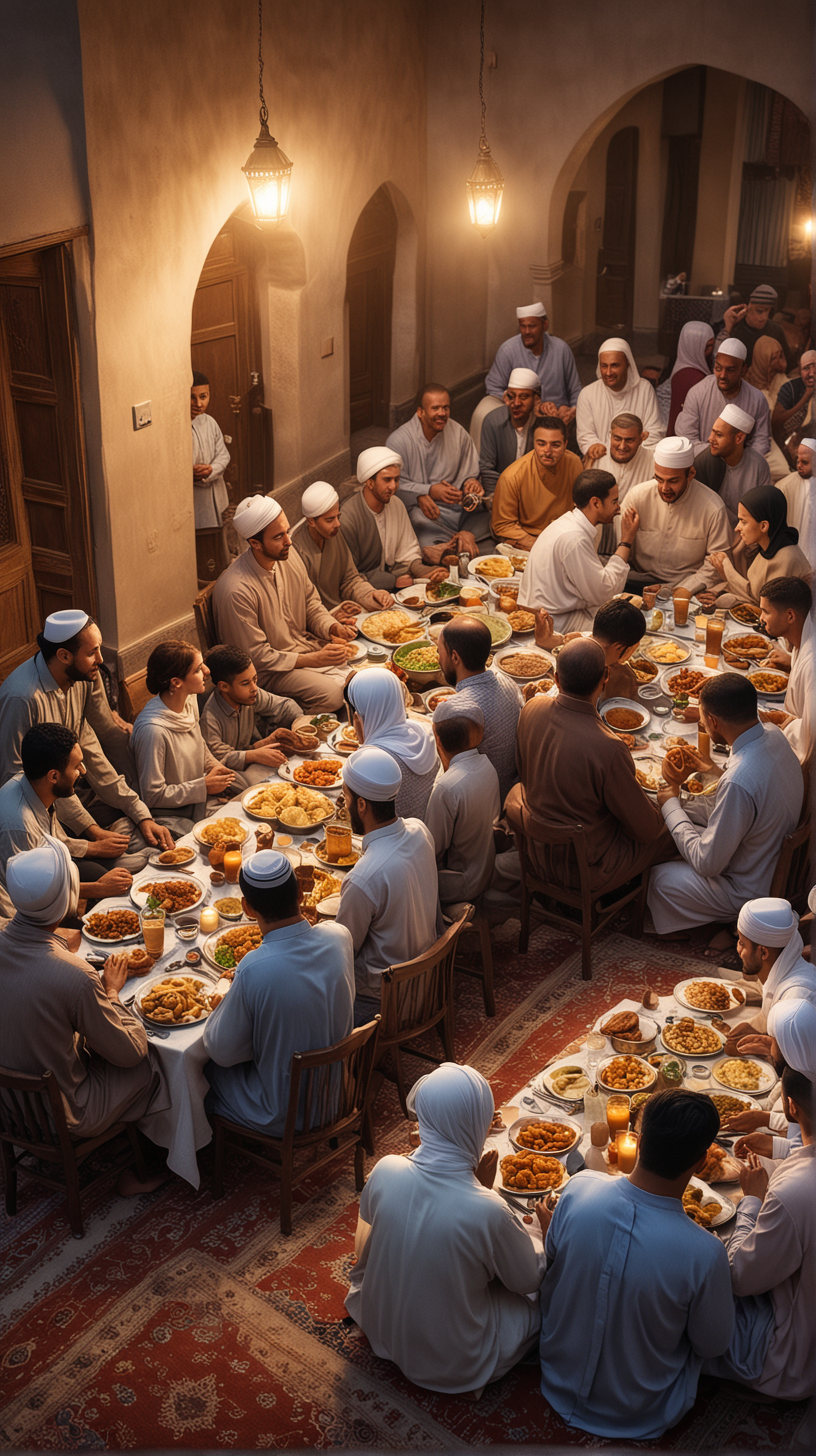 A heartwarming scene of families and friends gathering for Iftar, the breaking of the fast during Ramadan, as they sit together to share a meal and offer prayers of gratitude, fostering a sense of community and solidarity. Hyper realistic