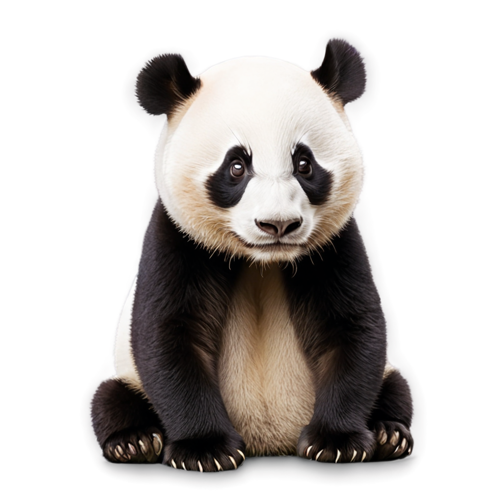 Generate a cute panda illustration with the following characteristics:  The panda should be sitting in a relaxed pose. It should have big, round eyes that convey innocence and curiosity. The panda's fur should be fluffy and predominantly white, with distinct black patches around its eyes, ears, shoulders, and legs. The panda should have a friendly smile on its face.
