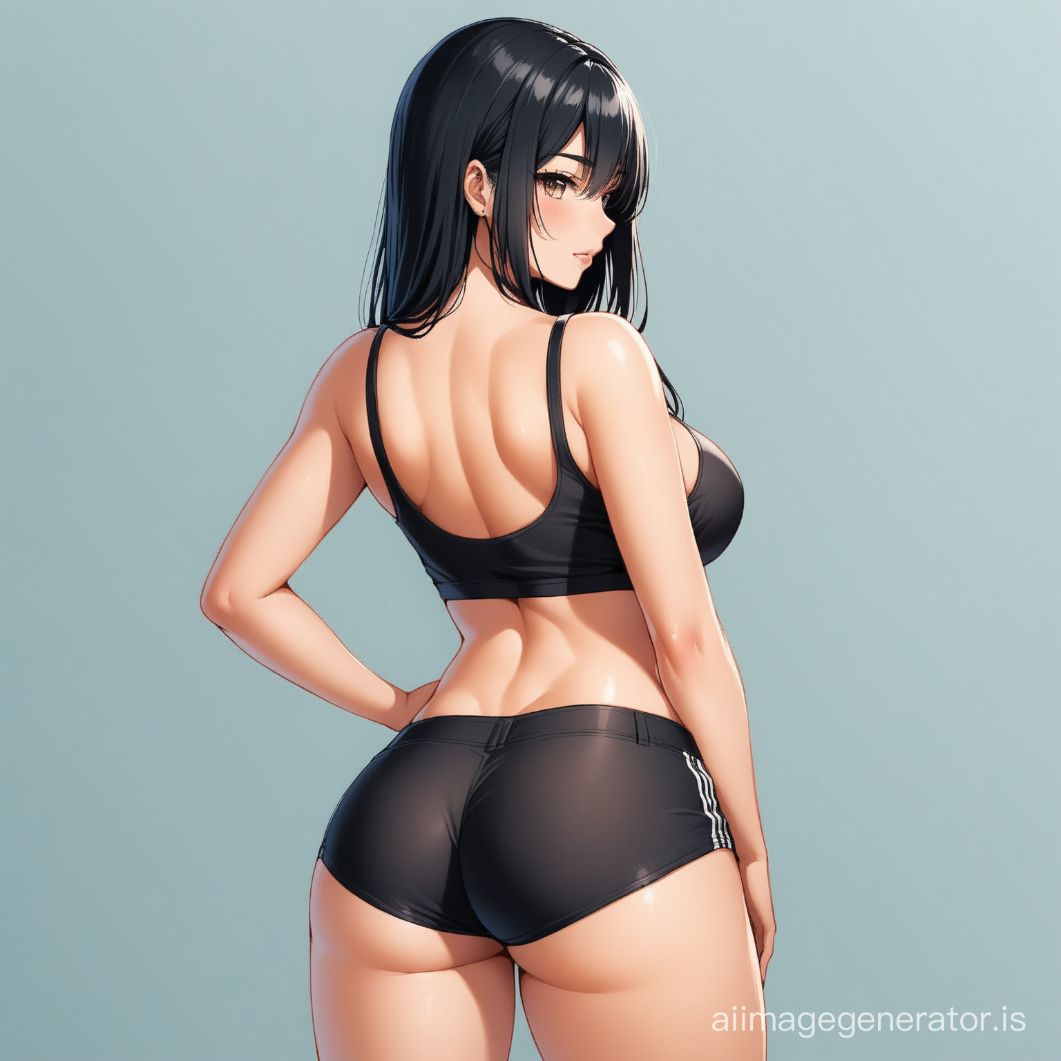 Girl with black hair and big tits wearing booty shorts 