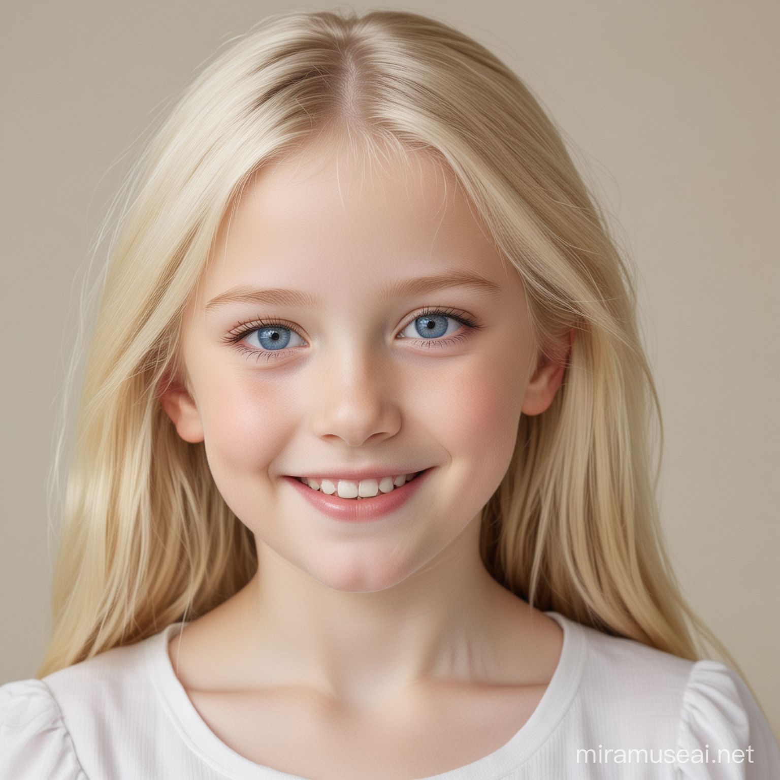 1girl, 8 years old, blonde hair, very pale skin, blue eyes, standing, smiling
