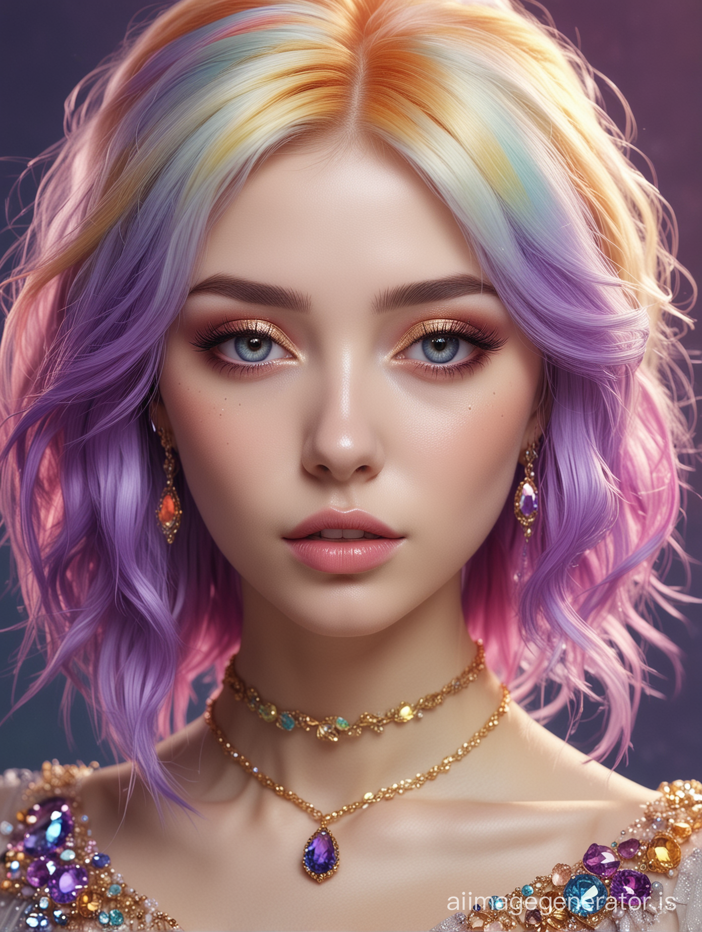  an image showing a girl with colorful hair, in the style of realistic fantasy artwork, gemstone, glamorous, rainbowcore, light gold and purple, артур скижали-вейс, bella kotak —ar 2:3 —style raw —stylize 750