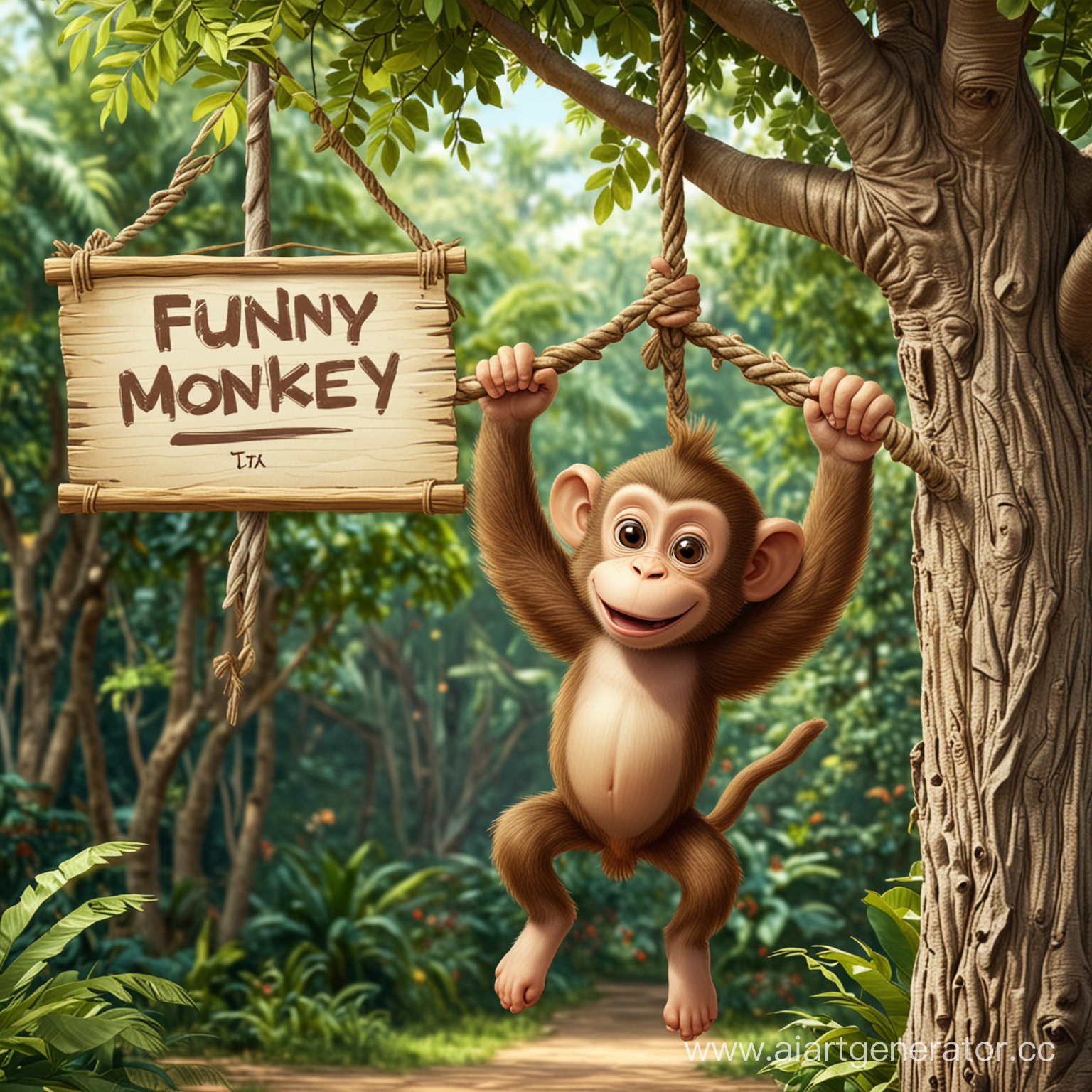 The monkey is hanging on a tree and next to it is a sign with the text funny monkey