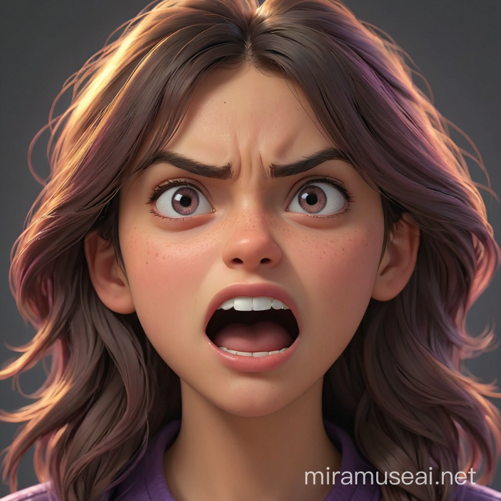 a girl grimace dissadisfied face 
In realism style, 3D animation.