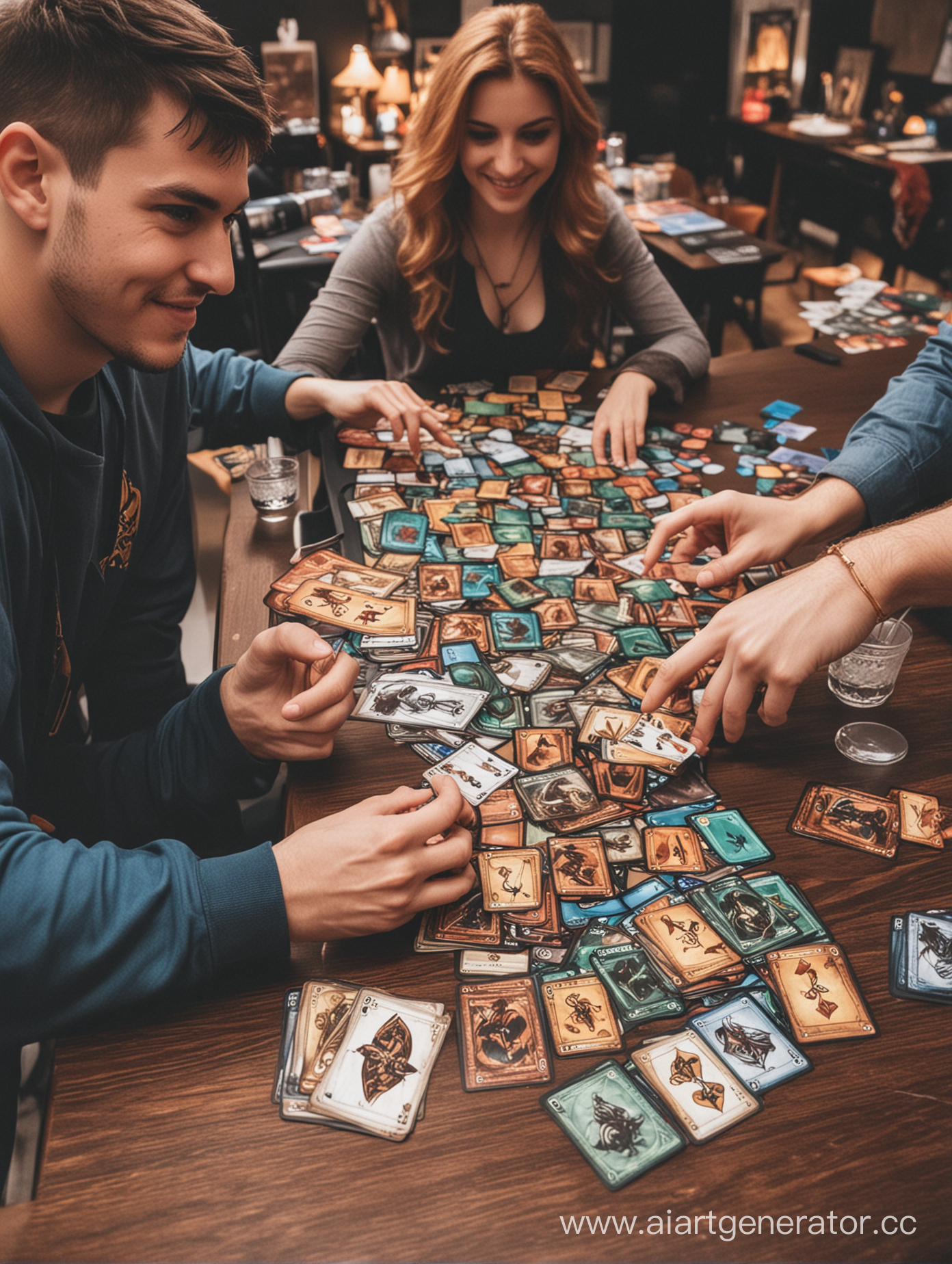 Двое игроков играют в карточную коллекционную игру Magic the gathering   с дорогими картами, радуются и выигрывают 
