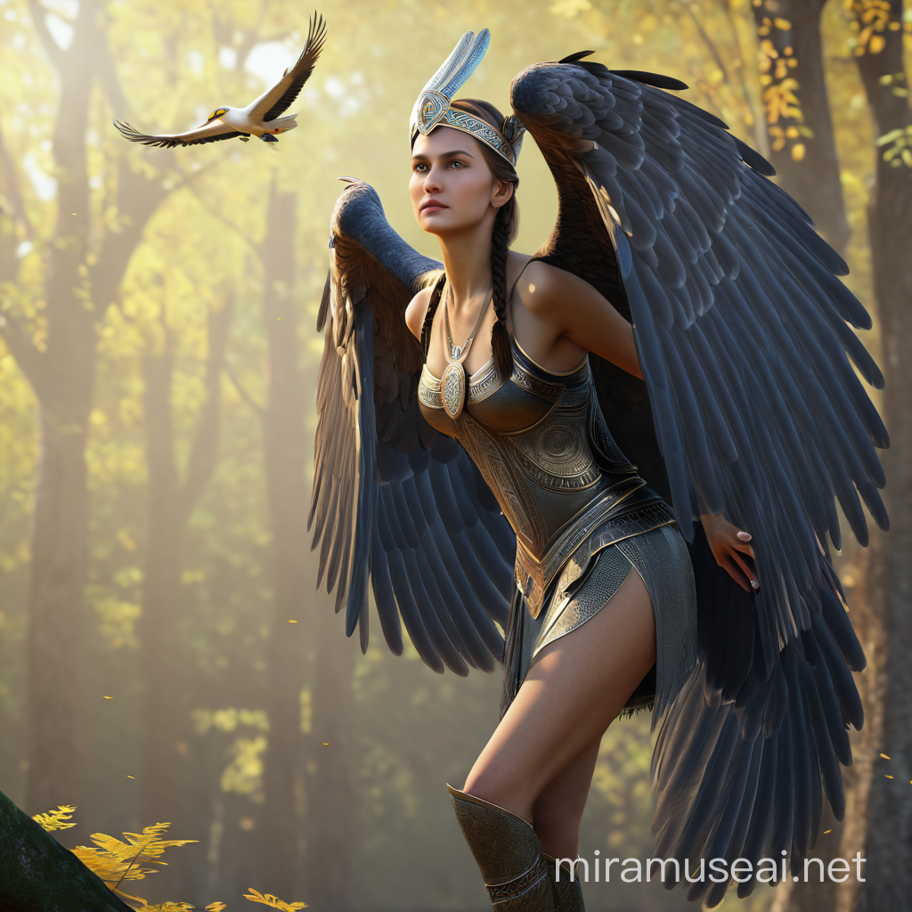 A large bird with the head of a woman from Slavic mythology, with large wings. We see her in full height. In the style of realism, 3D animation.In the style of realism, 3D animation.