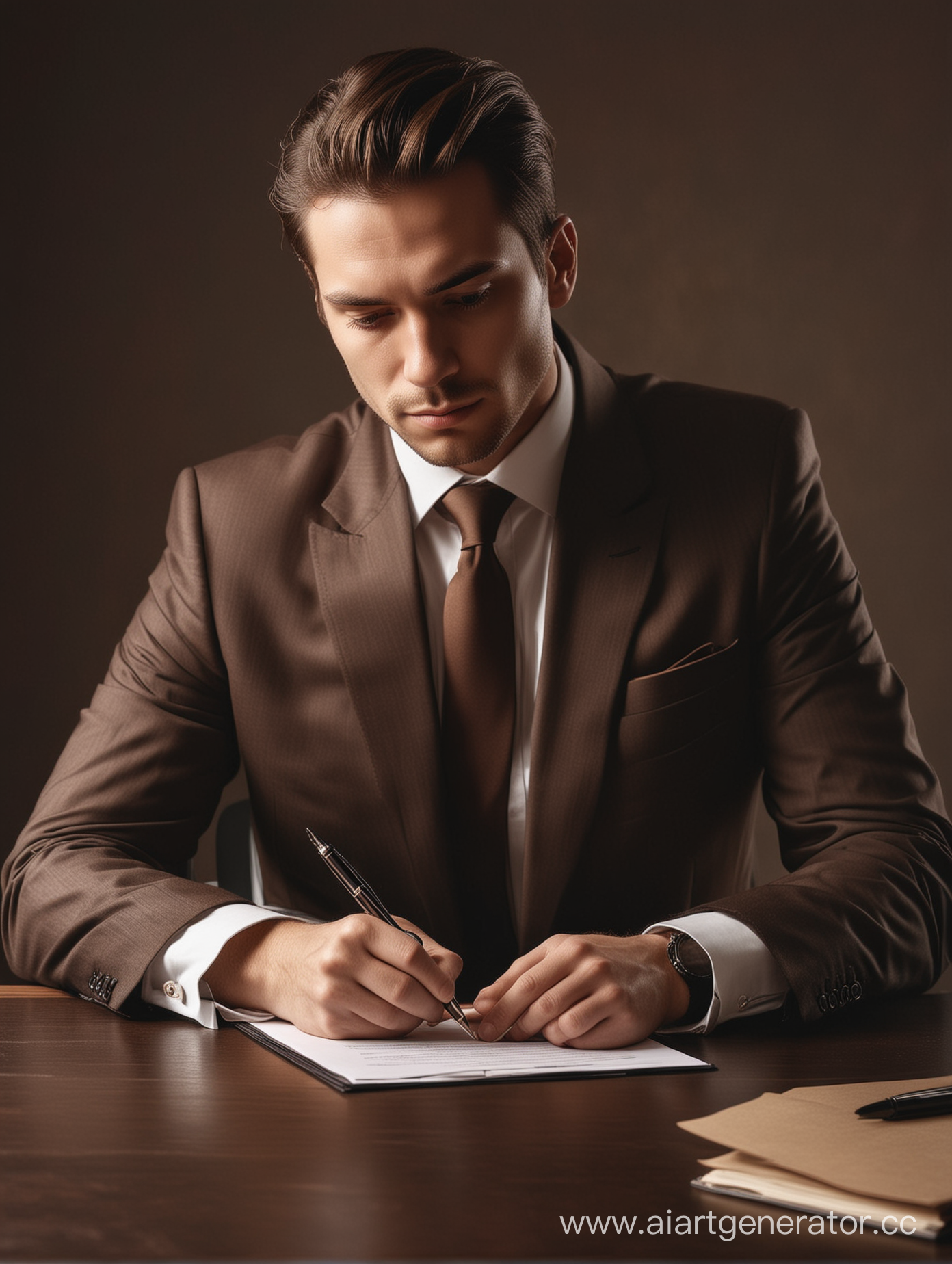 Человек в деловом костюме со спокойным выражением лица подписывает договор, изображение должно быть выполнено в тёмных приятных коричневых тонах человек должен быть виден наполовину