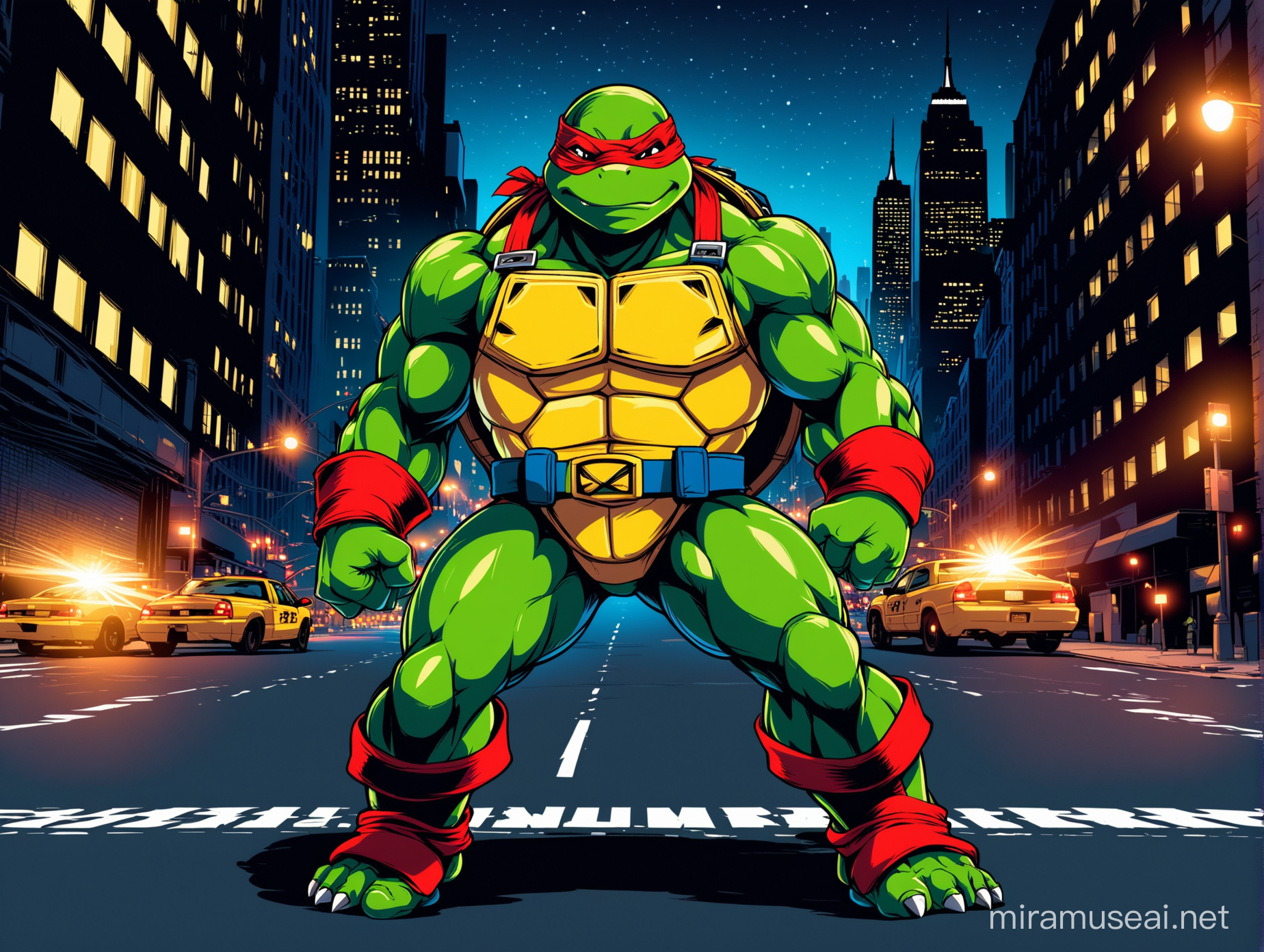 Raphael from TMNT fighting vector. New York City streets background. Night time.