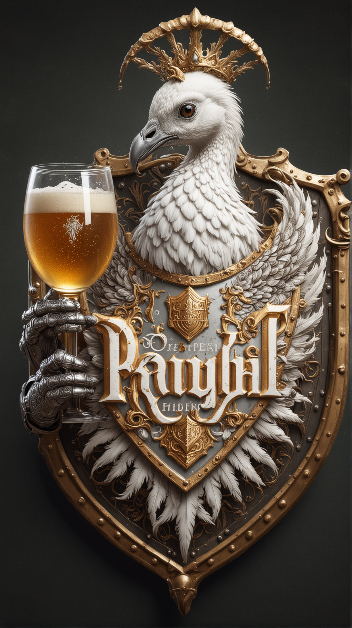 make me an logo from a white peacock dressed as a knight drinking beer presented on a knight's shield
