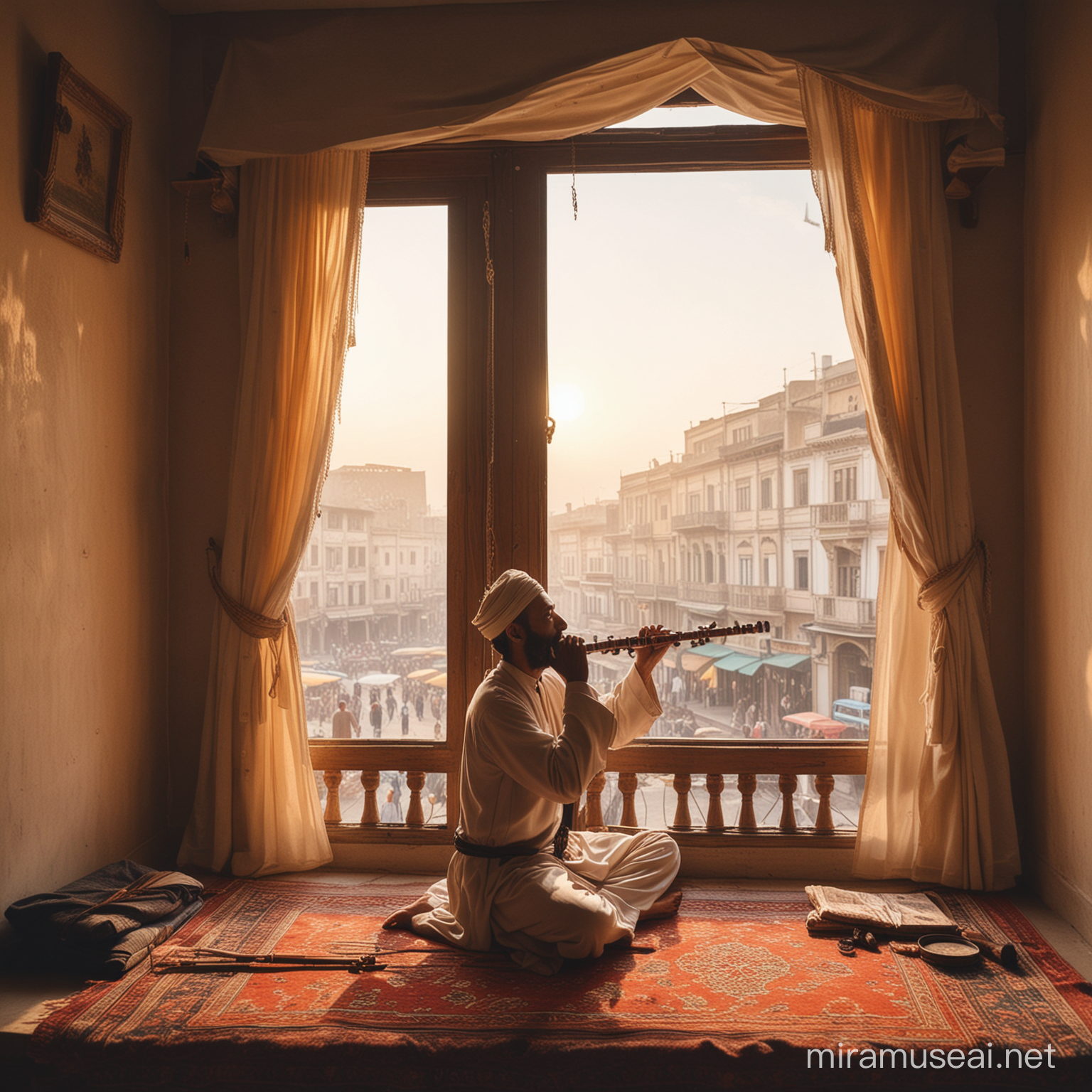 man playing old wooden flute wearing sufi dress, sitting on the room , window in the room , sun rise and market and street and people visible from the window, he is living the moment in his own world , old room , basic furniture 