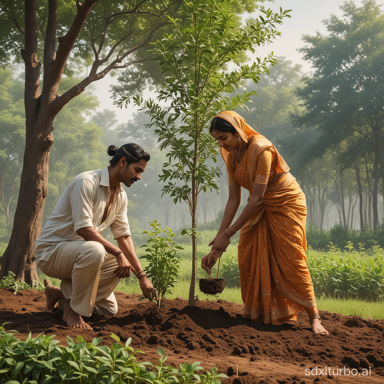 an Indian couple planting trees in realism style
