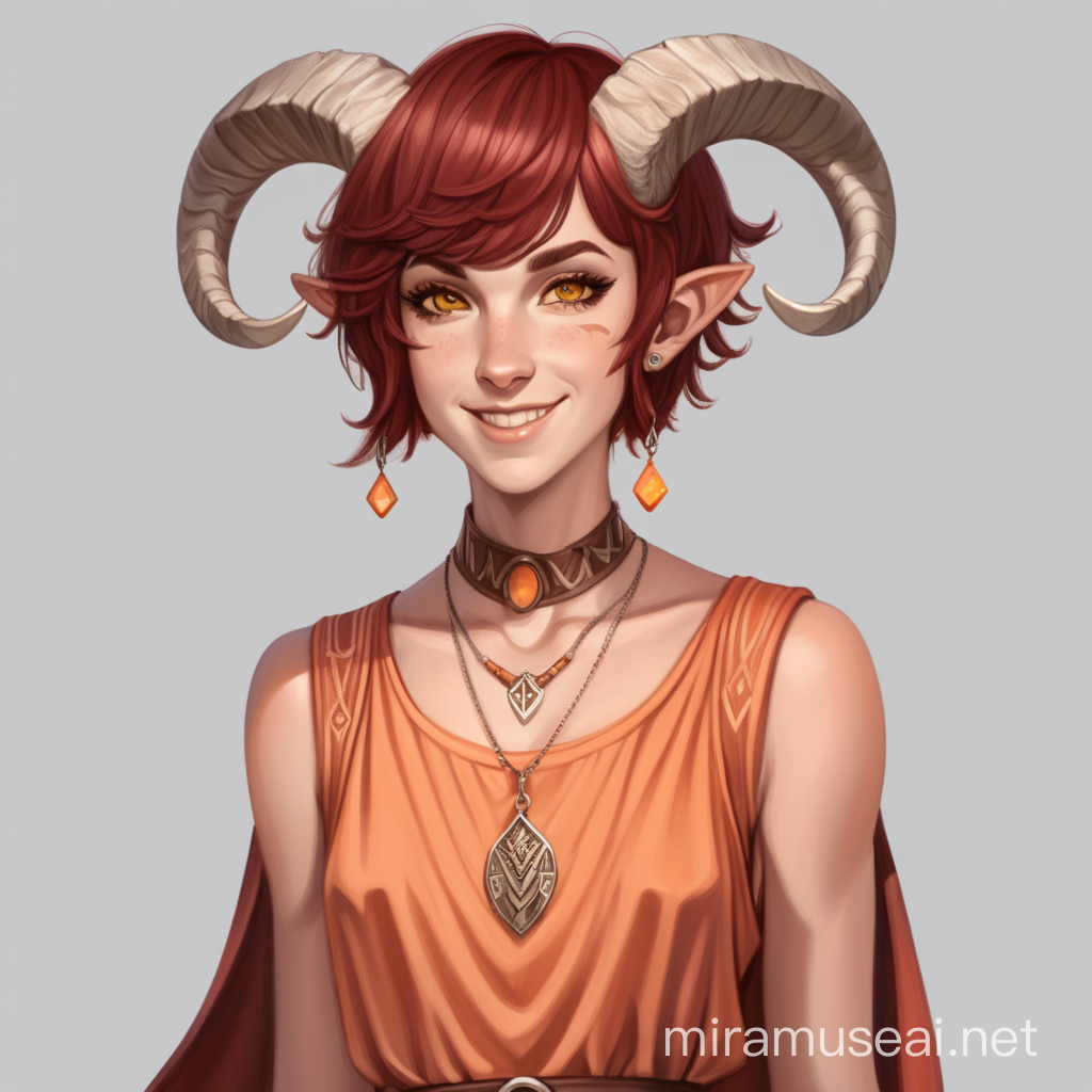 a dnd style female saytr, dark red short hair, goat horns, she is a happy, energetic and cheerful druid, yellow silver pendant, peach color dress, she has white eyes