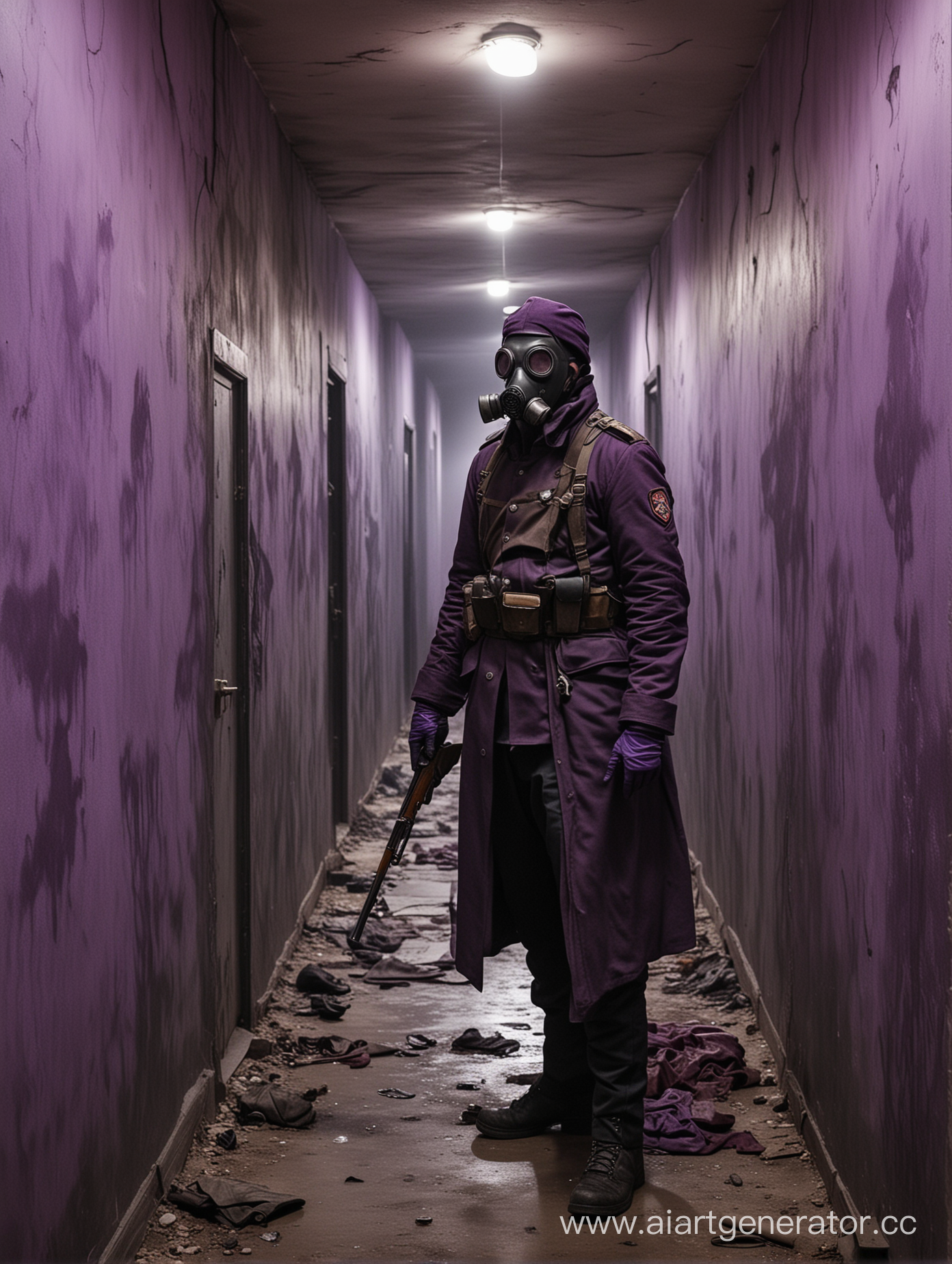 A soldier of the cleanup team stands in a bloody corridor that is filled with the remains of monsters, the corridor is filled with purple smoke, the soldier is dressed in a Soviet gray RGP gas mask, he is also dressed in a dark uniform, which includes a black long overcoat, military trousers, with knee pads of the same color, He wears gloves on his hands, and in his hands he holds a shotgun.