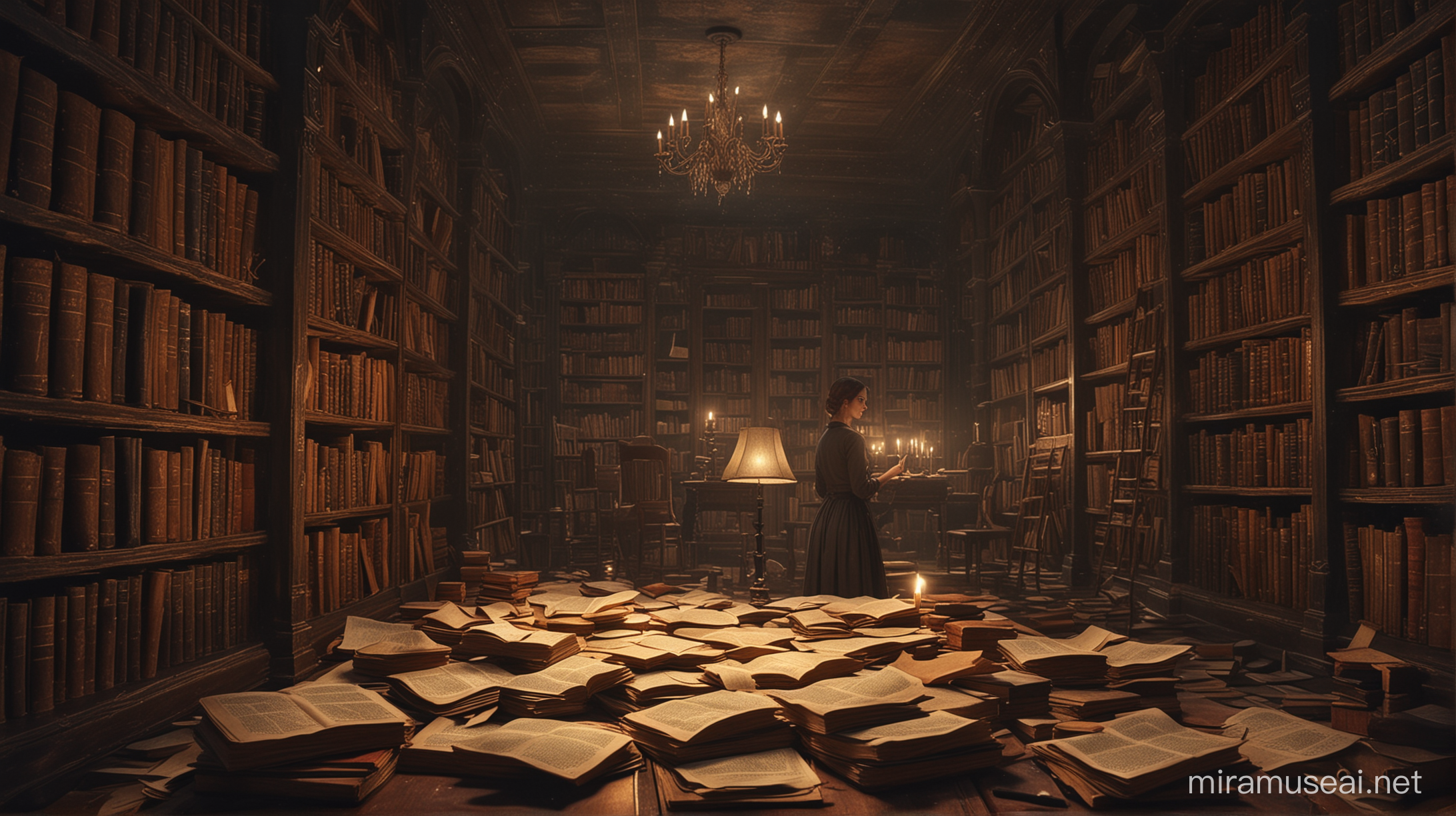Librarian in a mysterious library, floating rumors, slight chaos, dark and mysterious, vintage painting style, dim lighting, bookshelves with ancient tomes, scattered papers, whispered secrets, enigmatic atmosphere, 4k, vintage painting, mysterious, chaotic, dim lighting, ancient tomes, whispered secrets, enigmatic atmosphere