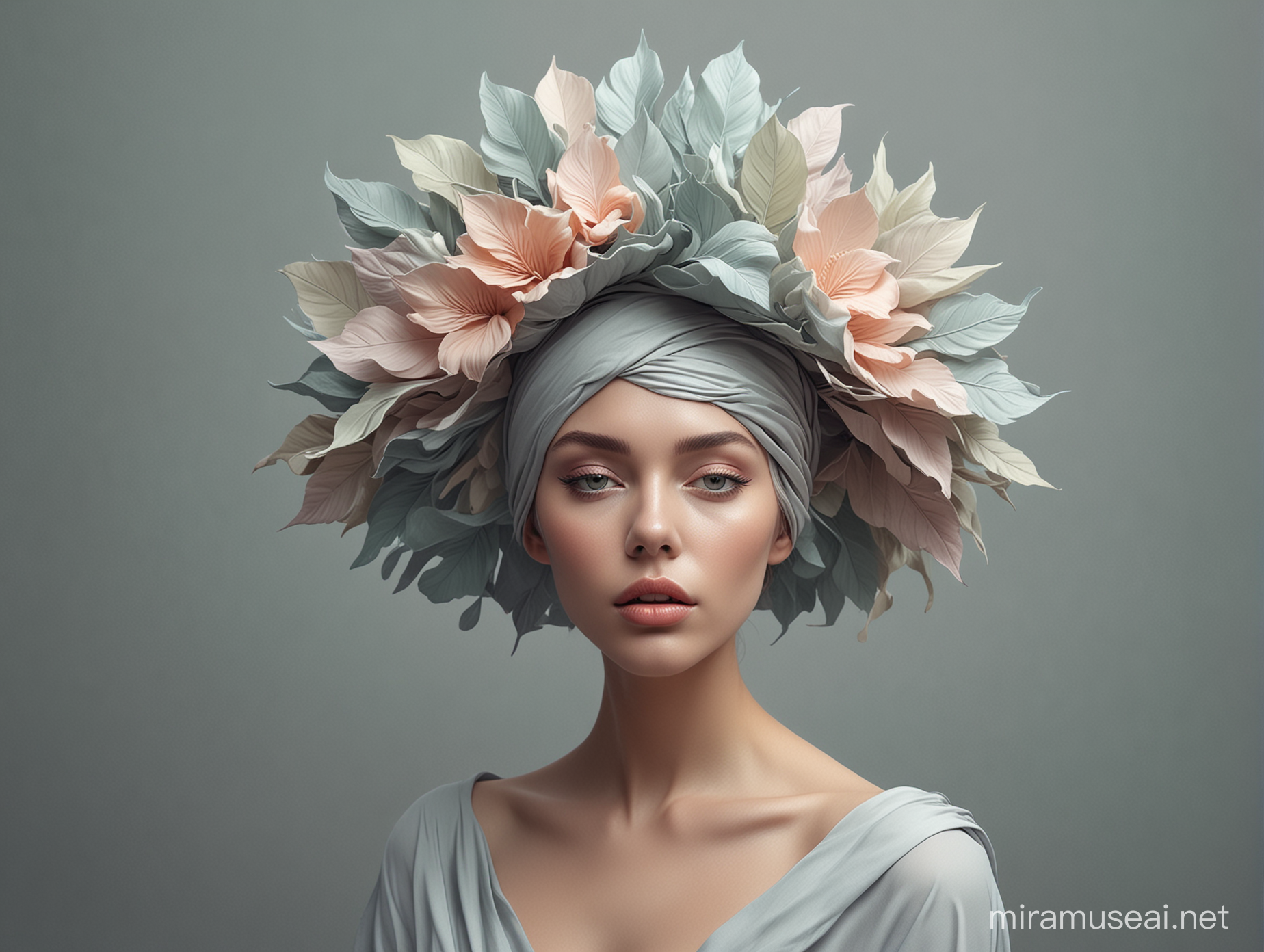 A surreal digital artwork of an elegant woman with soft pastel color, sculptural headwear made from large petals and leaves, set against a grey background. The figure is dressed in sleek attire, adding to the overall minimalistic aesthetic. Her pose exudes confidence as she stands tall amidst the soft misty atmosphere. The artwork is in the style of a minimalist digital artist