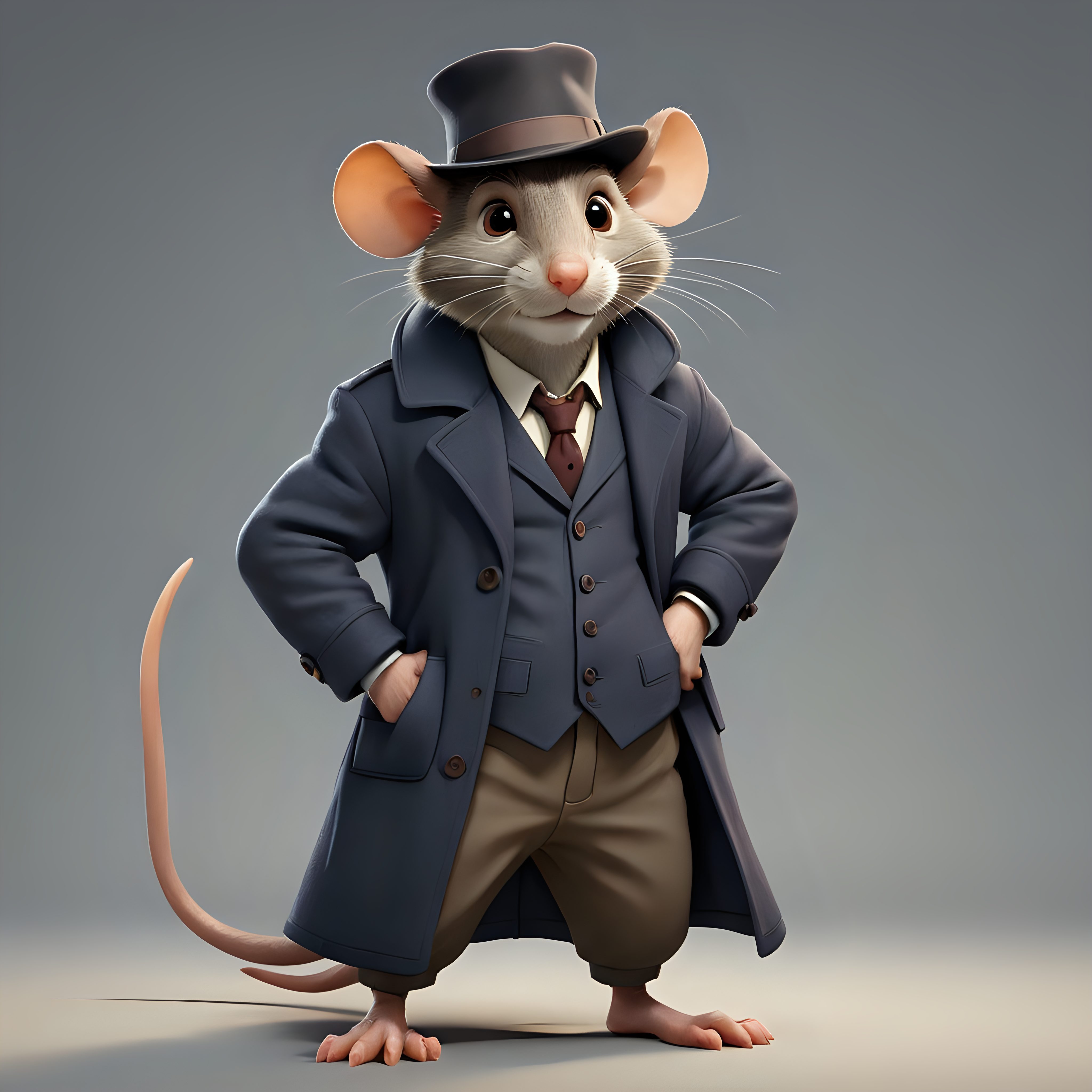 a rat in cartoon style in full body with the Detective with overcoat clothes with formal hat with clear background