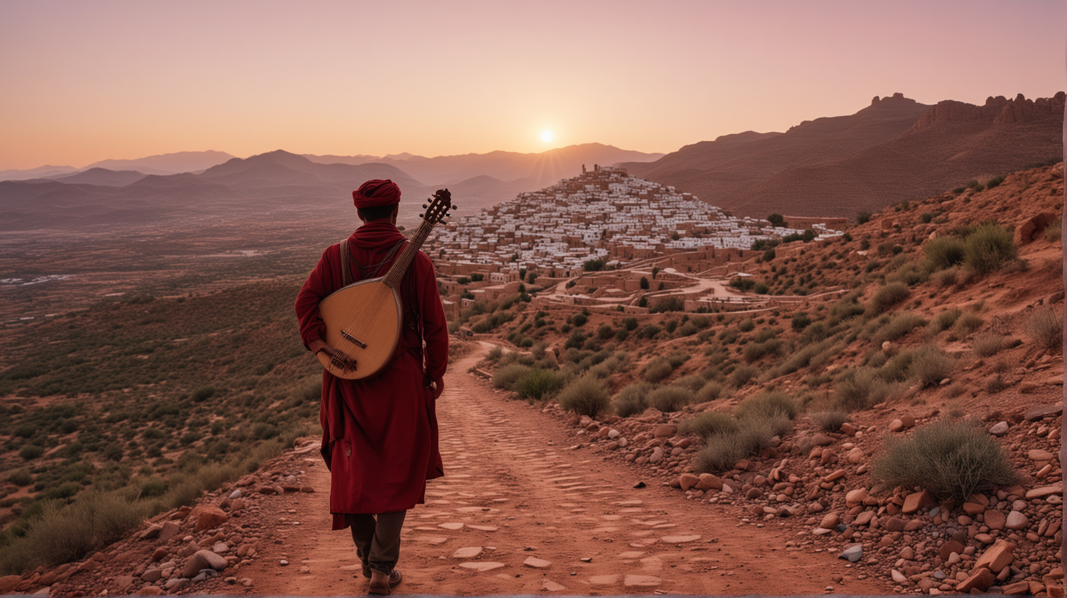 lonely Moroccan musician, his lute on his shoulders, walking on a mountain path towards a traditional Moroccan village, red sunset, cinematic, wide angle