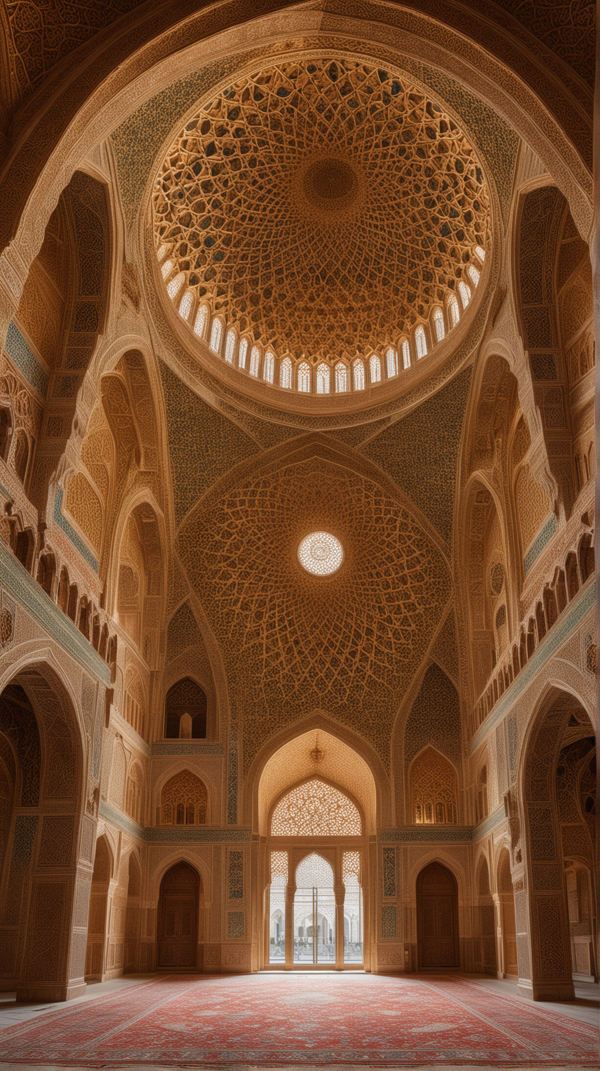  A breathtaking panorama showcasing the intricate geometric patterns, arabesques, and ornate motifs adorning the walls, ceilings, and domes of historic mosques and palaces, exemplifying the fusion of art and spirituality in Islamic culture.Hyper realistic