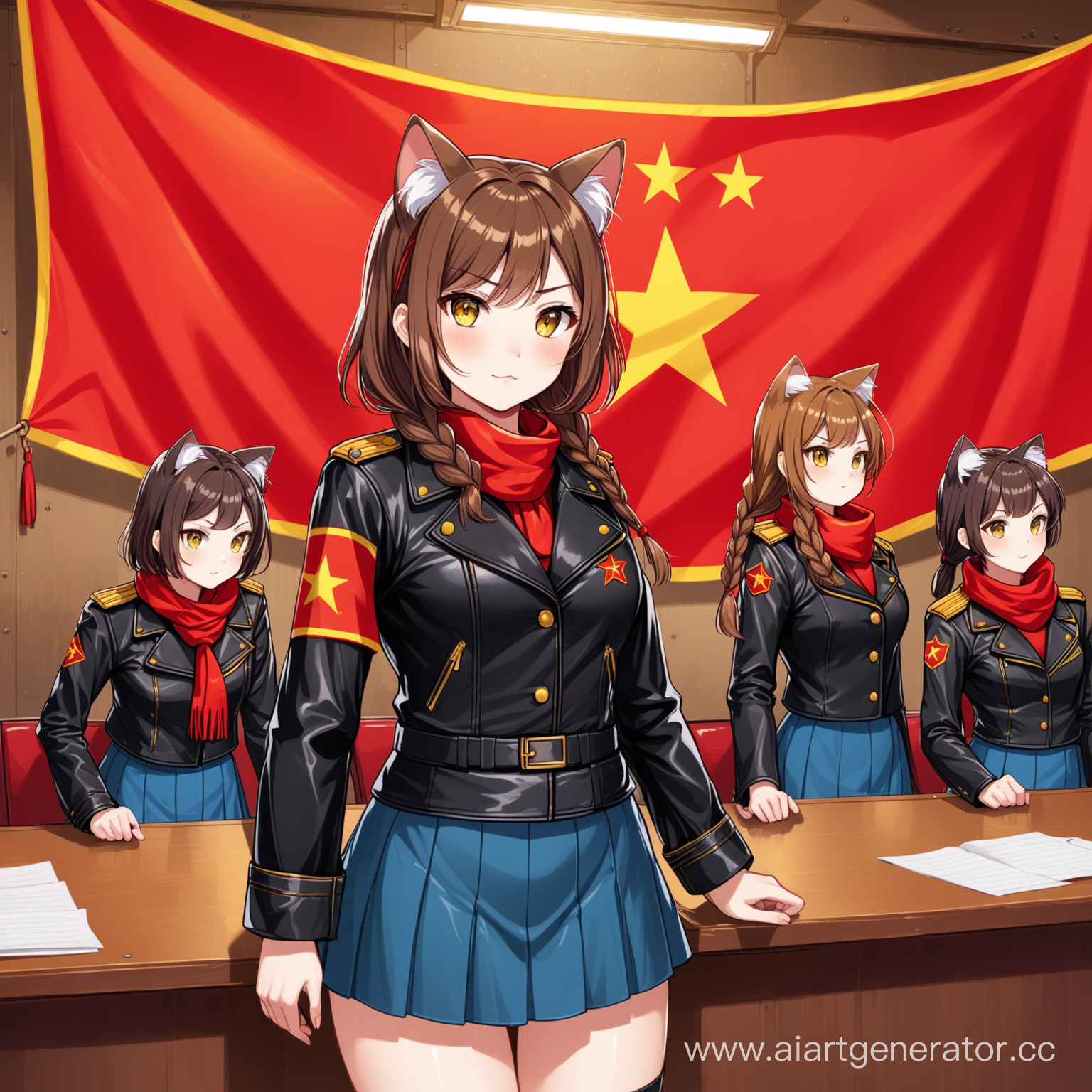 Catgirl yellow eyes brown hair (one short braid), brown cat ears, short blue skirt, black leather jacket with red armband.  Communist squad Communist room with red communist flags
